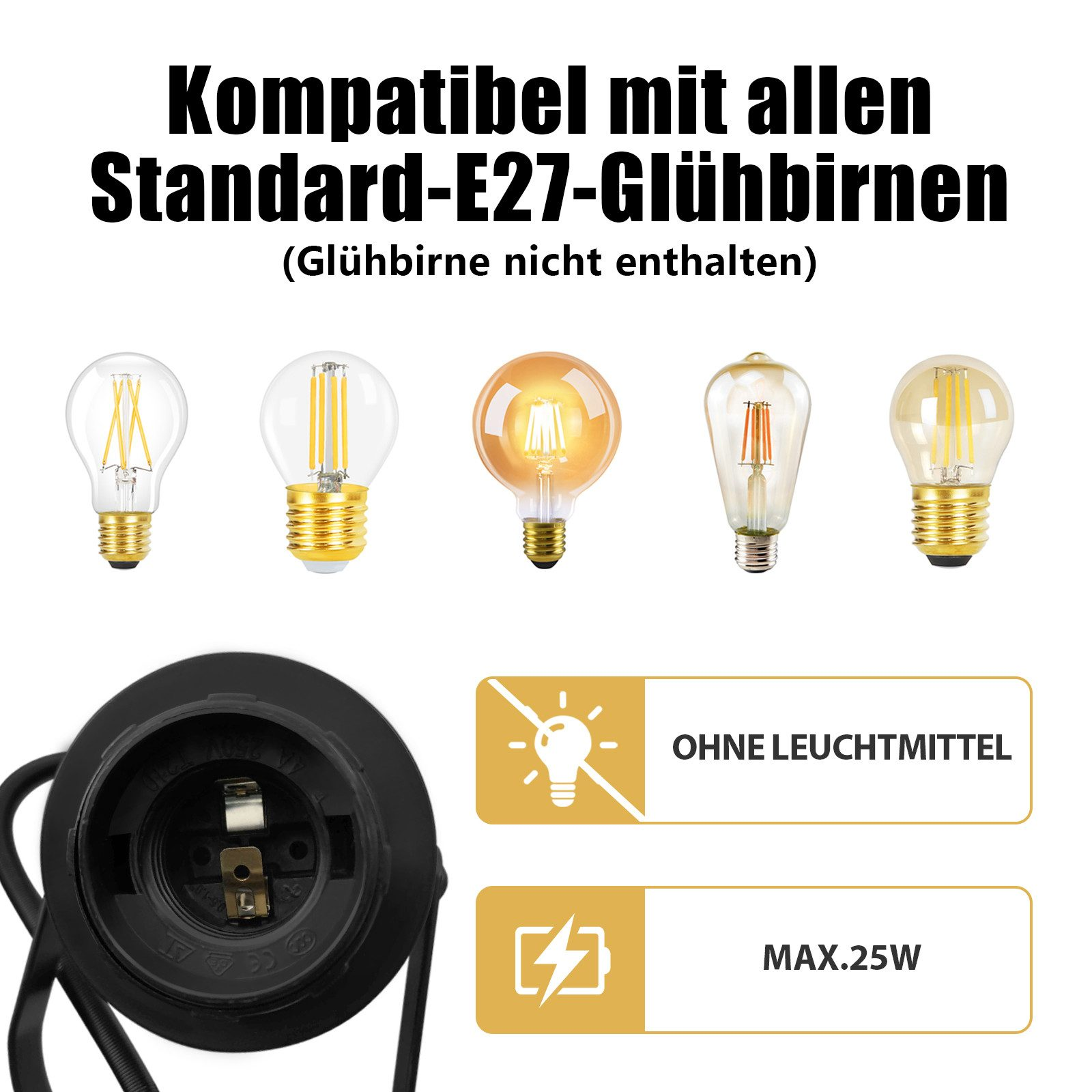 Pięć żarówek. Czarna podstawa z oprawką żarówki. Tekst opisuje kompatybilność.