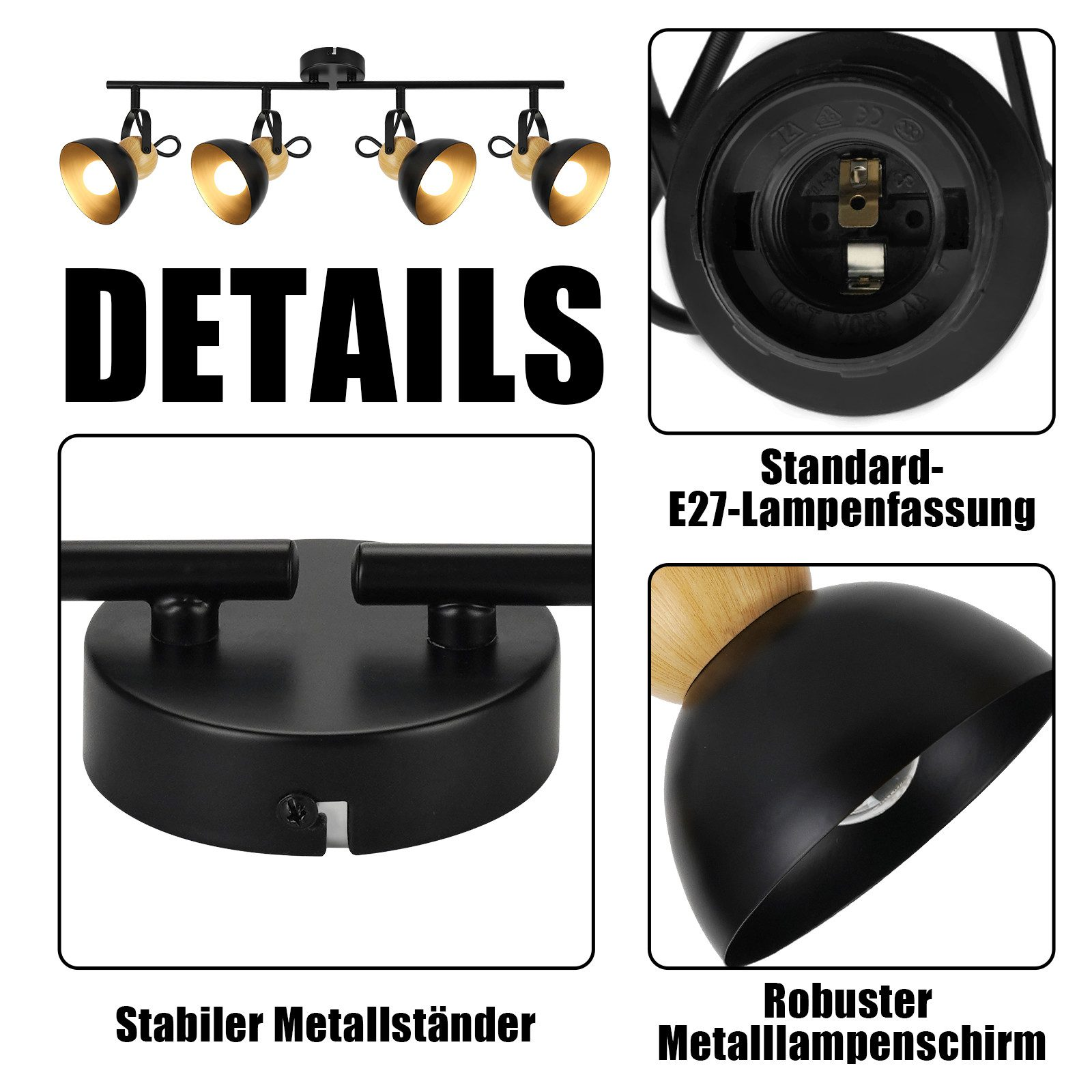 Zbliżenie czarnej lampy sufitowej ze szczegółowymi elementami i etykietami tekstowymi. Ma cztery światła.