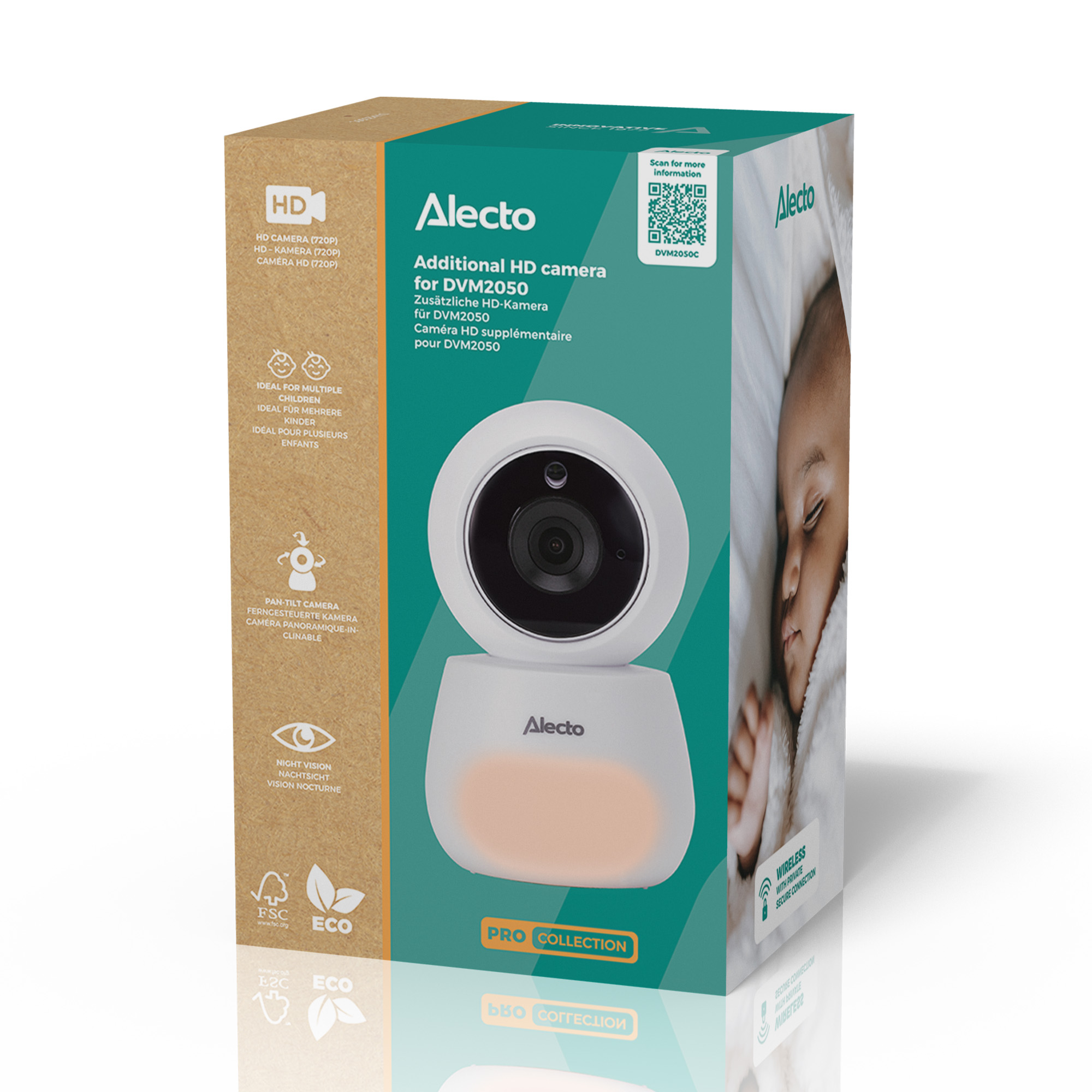 Une boîte pour un moniteur pour bébé, avec un bébé et le moniteur montrés sur la boîte.