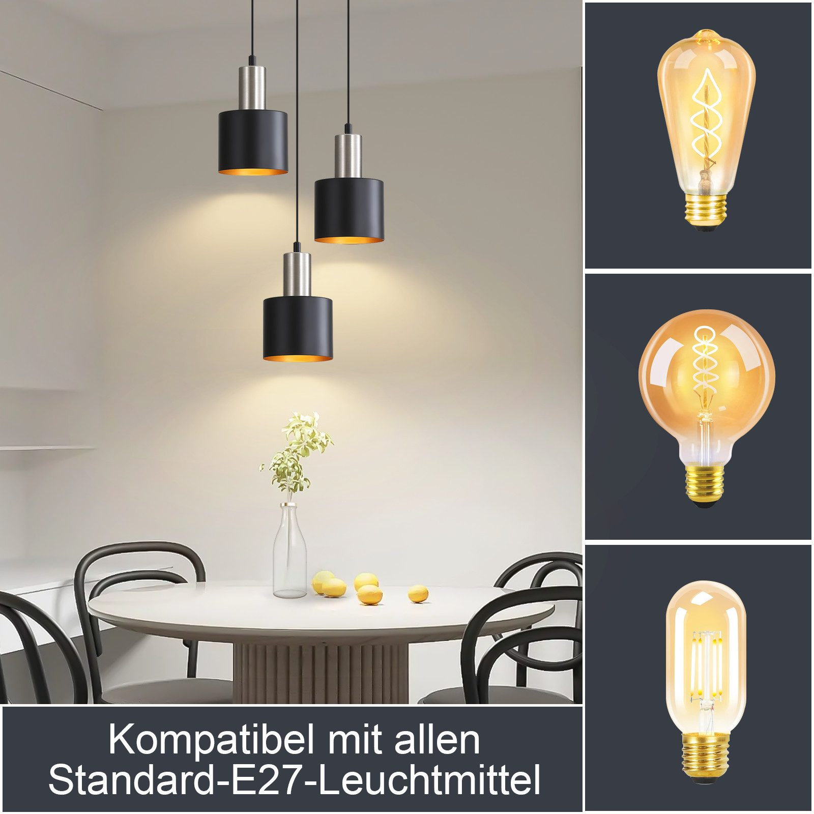 Trzy lampy wiszące z czarnymi i srebrnymi kloszami, plus kilka żarówek na ciemnym tle.