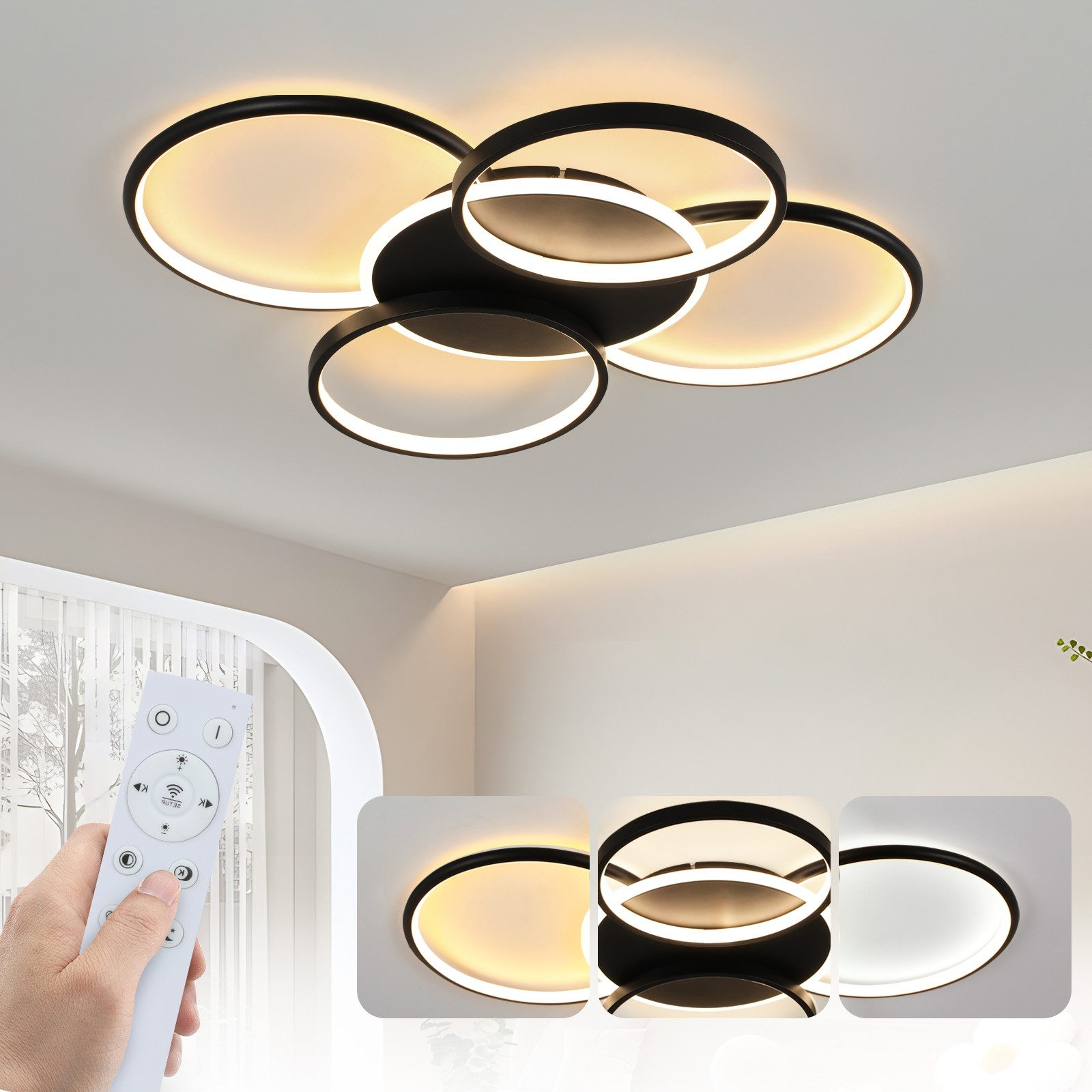 Luz de techo moderna con anillos superpuestos y mando a distancia.