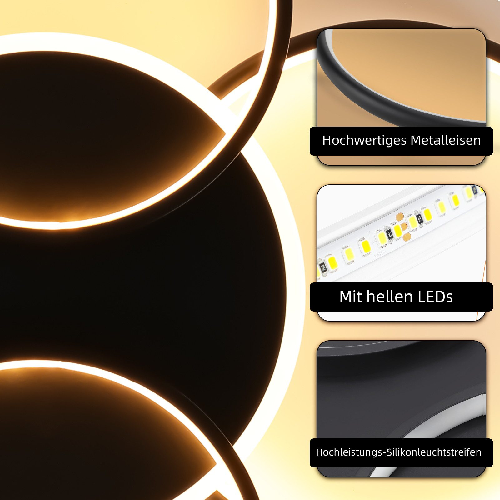 Primer plano de una lámpara de techo moderna con LEDs brillantes y elementos metálicos.