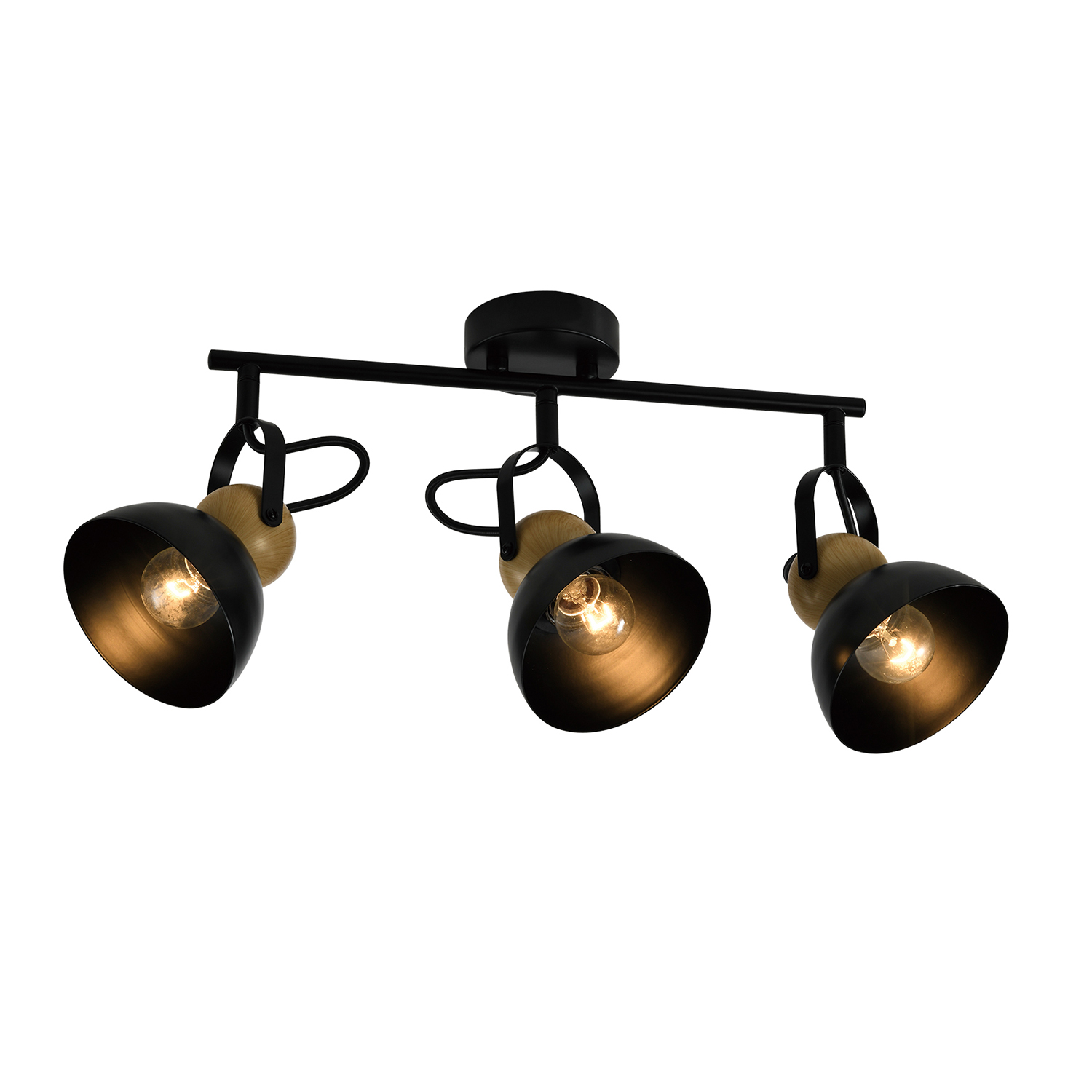 Un lampadario a soffitto con tre faretti neri. Ognuno ha un accento in legno. Sfondo bianco.