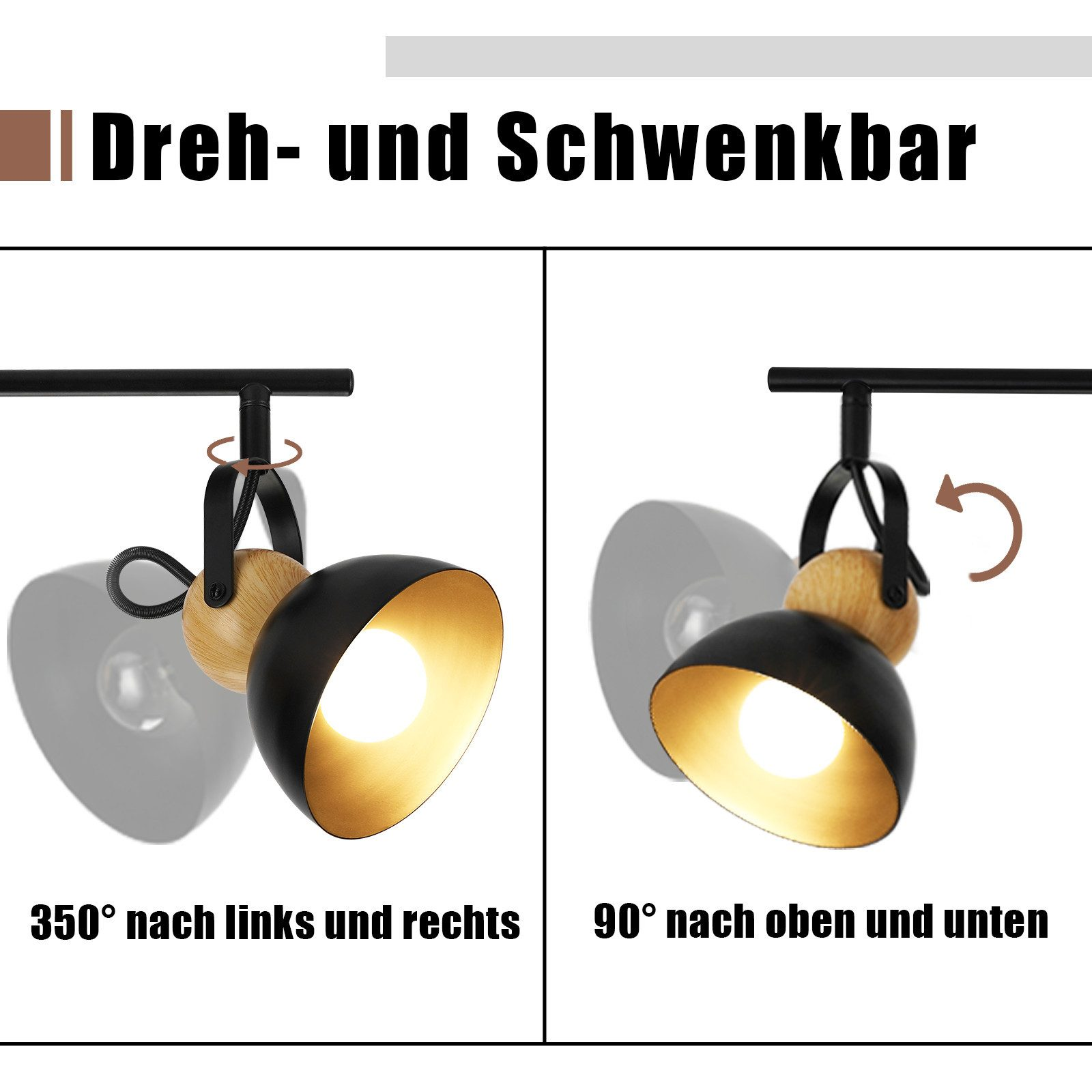 Dwa zdjęcia regulowanych czarnych reflektorów z drewnianymi akcentami. Tekst po niemiecku.