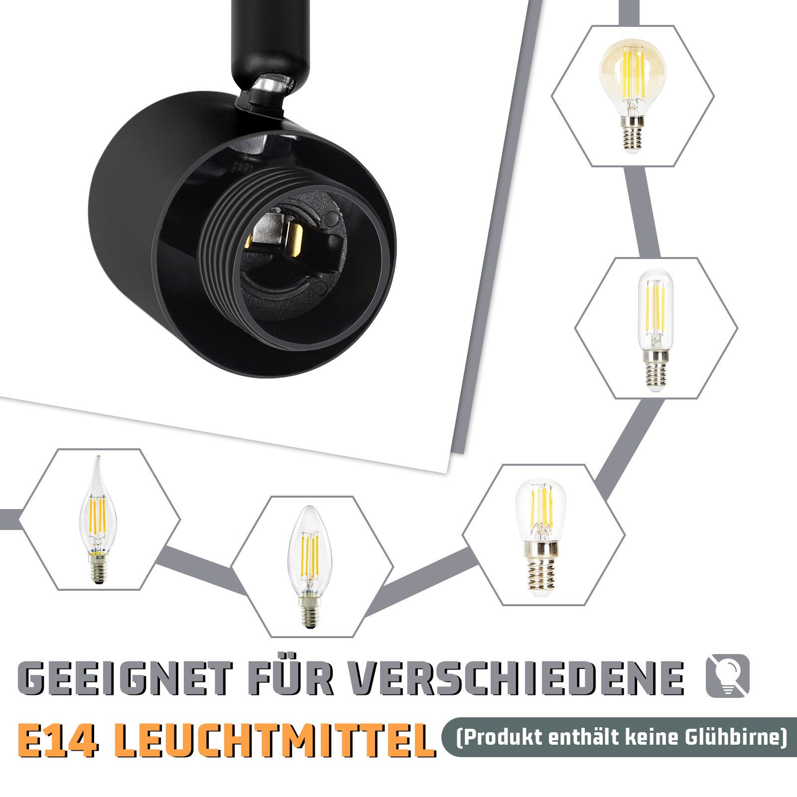 Apparecchio nero con attacco E14. Vengono visualizzate cinque diverse lampadine a forma di esagono.