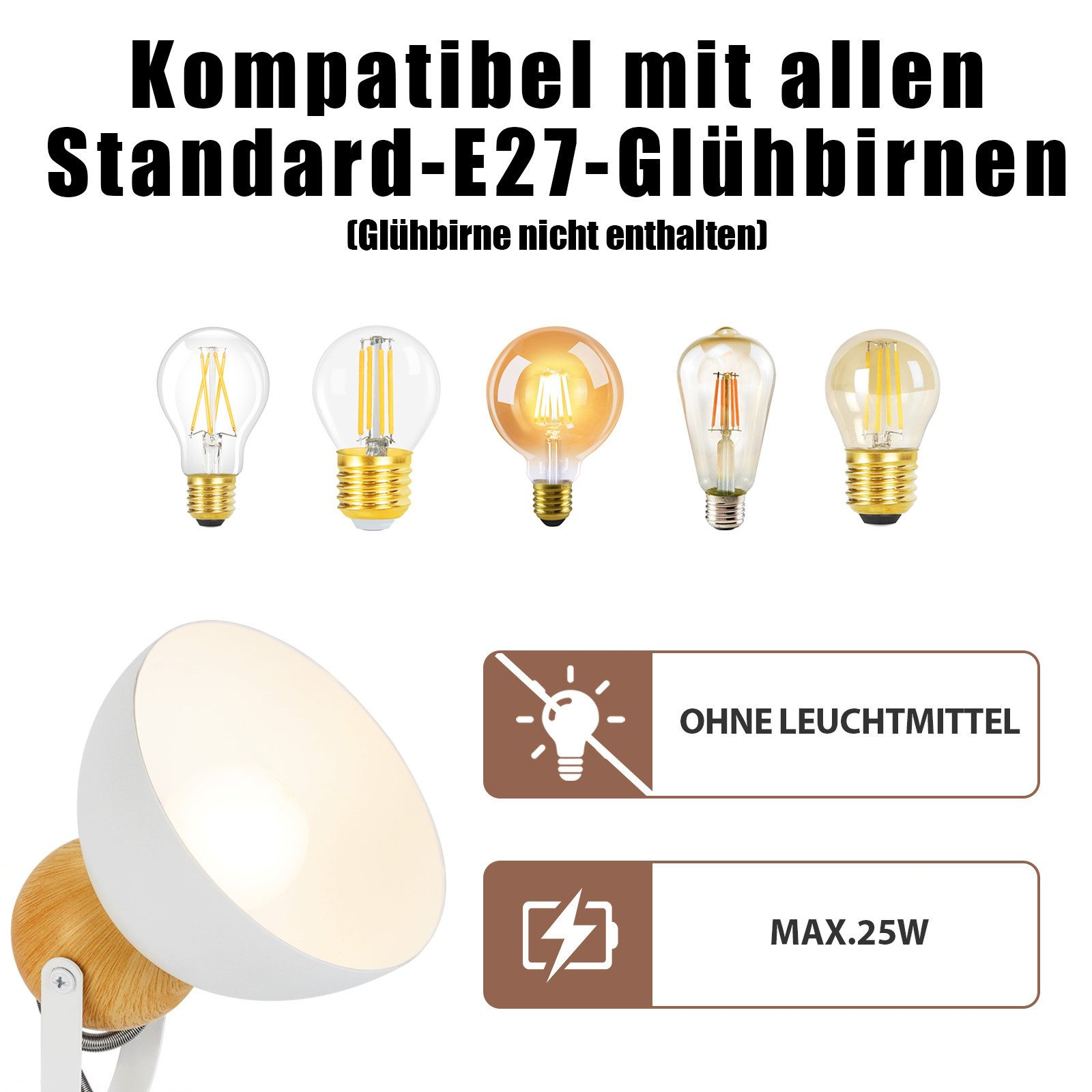 Un'immagine che mostra diversi tipi di lampadine E27. Viene mostrata anche una lampada bianca con un avvertimento.