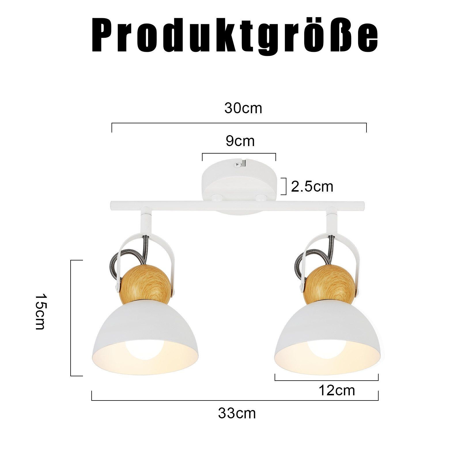 Dwa białe reflektory sufitowe z drewnianymi akcentami, wymiary są napisane na zdjęciu.