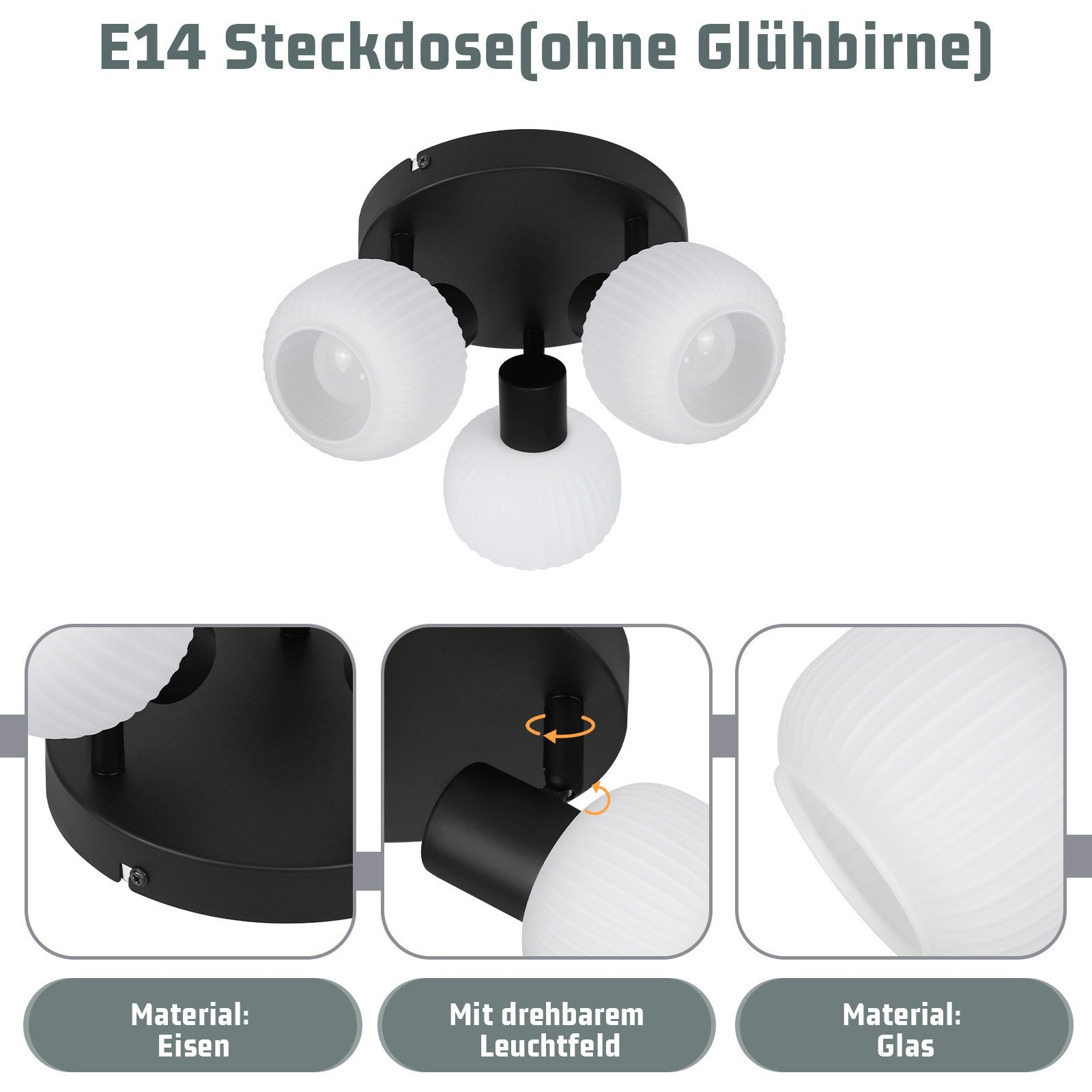 Lampada da soffitto nera con tre globi bianchi a motivi. Include scatti di dettaglio.