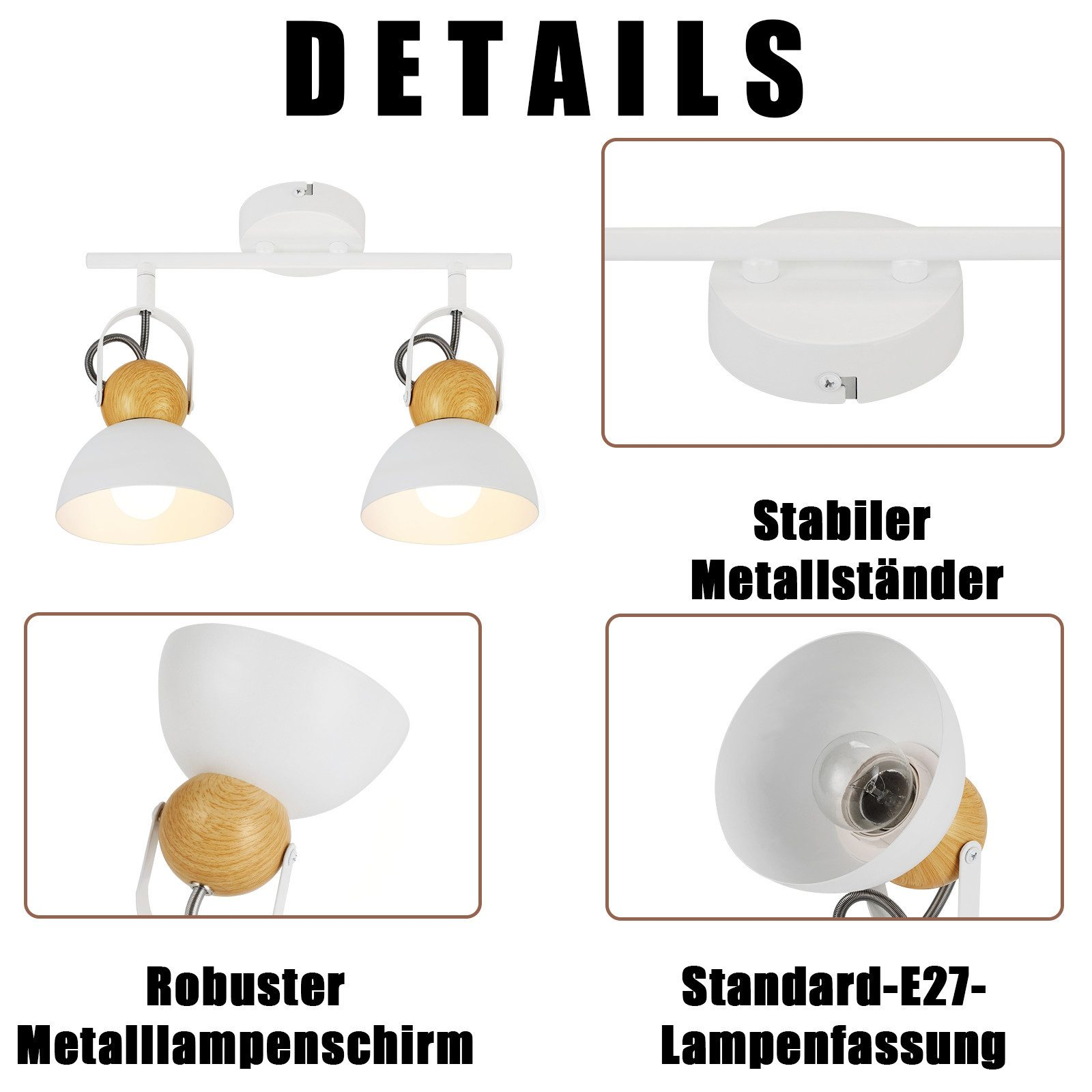 Szczegóły białej oprawy oświetleniowej szynowej z drewnianymi akcentami i białymi żarówkami.