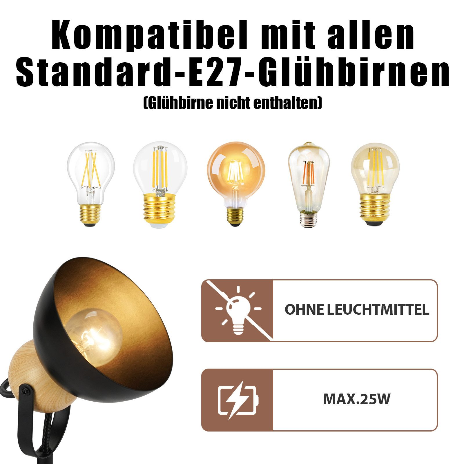 Wiele żarówek i lampa z tekstem informującym o kompatybilności ze wszystkimi standardowymi żarówkami E27.