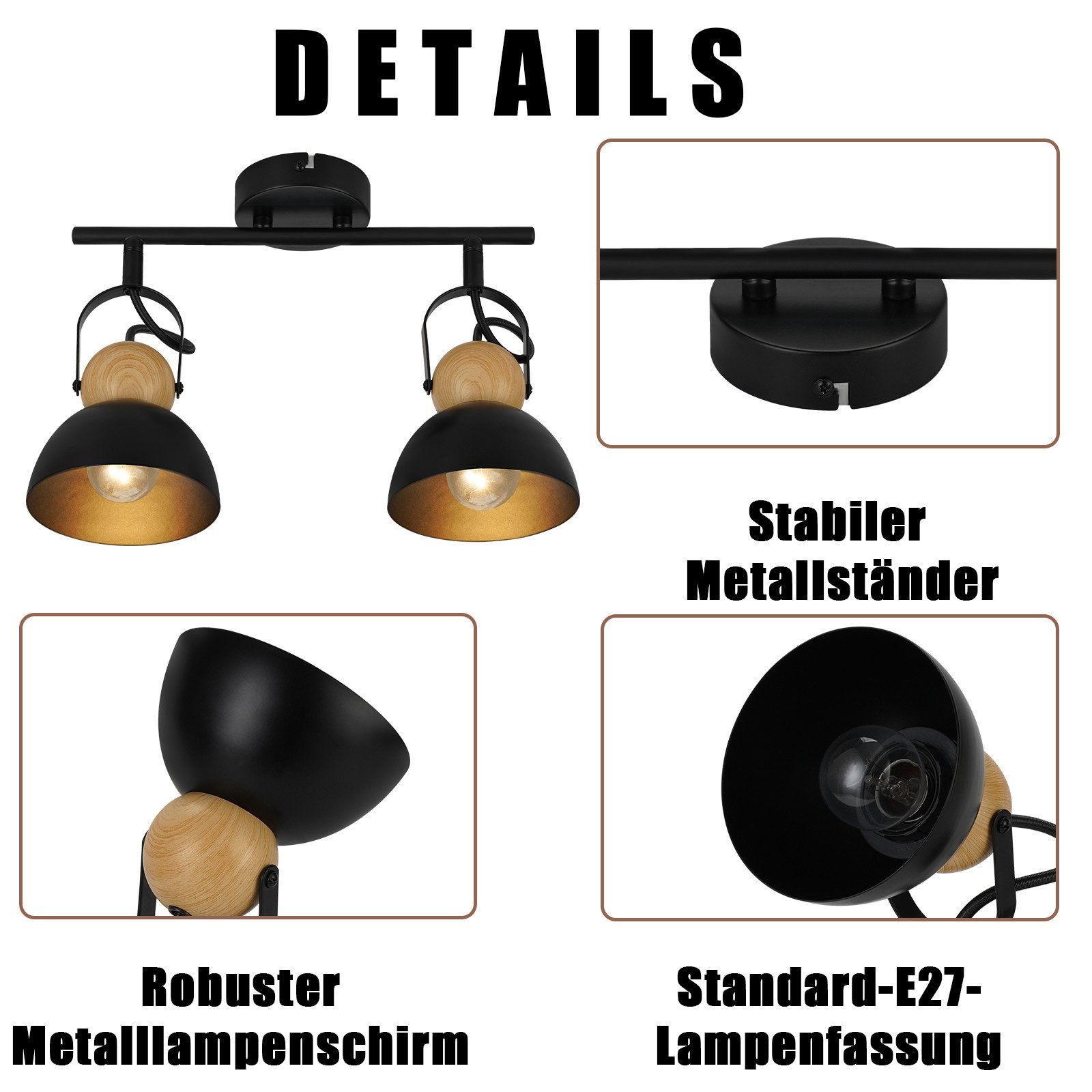 Szczegóły lampy sufitowej z dwoma czarnymi abażurami. Lampa zawiera metalowy stojak i drewniane akcenty.