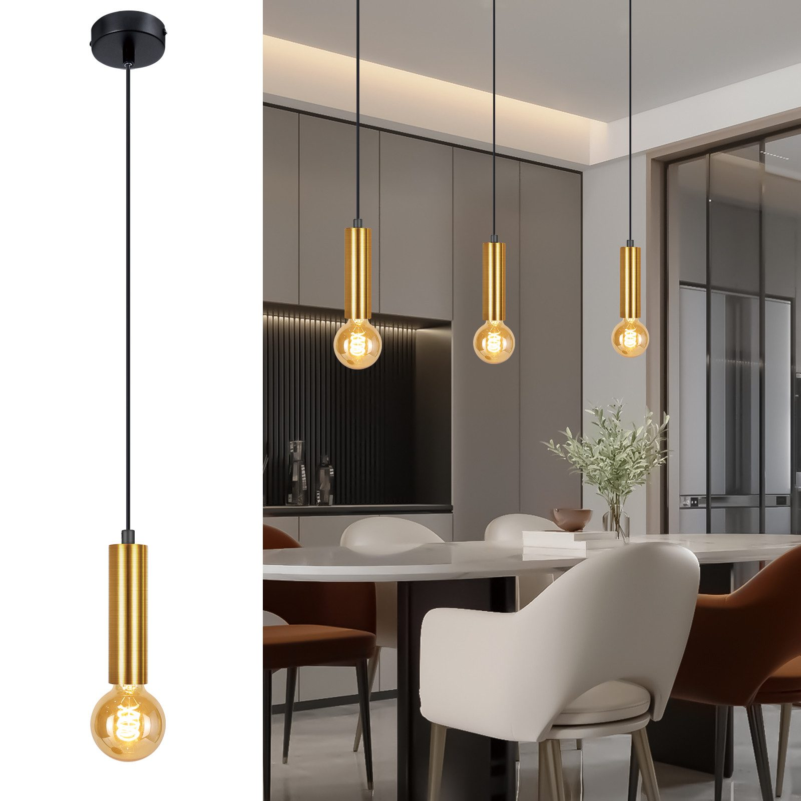 Trzy złote lampy wiszące z żarówkami Edisona wiszące nad stołem w jadalni.