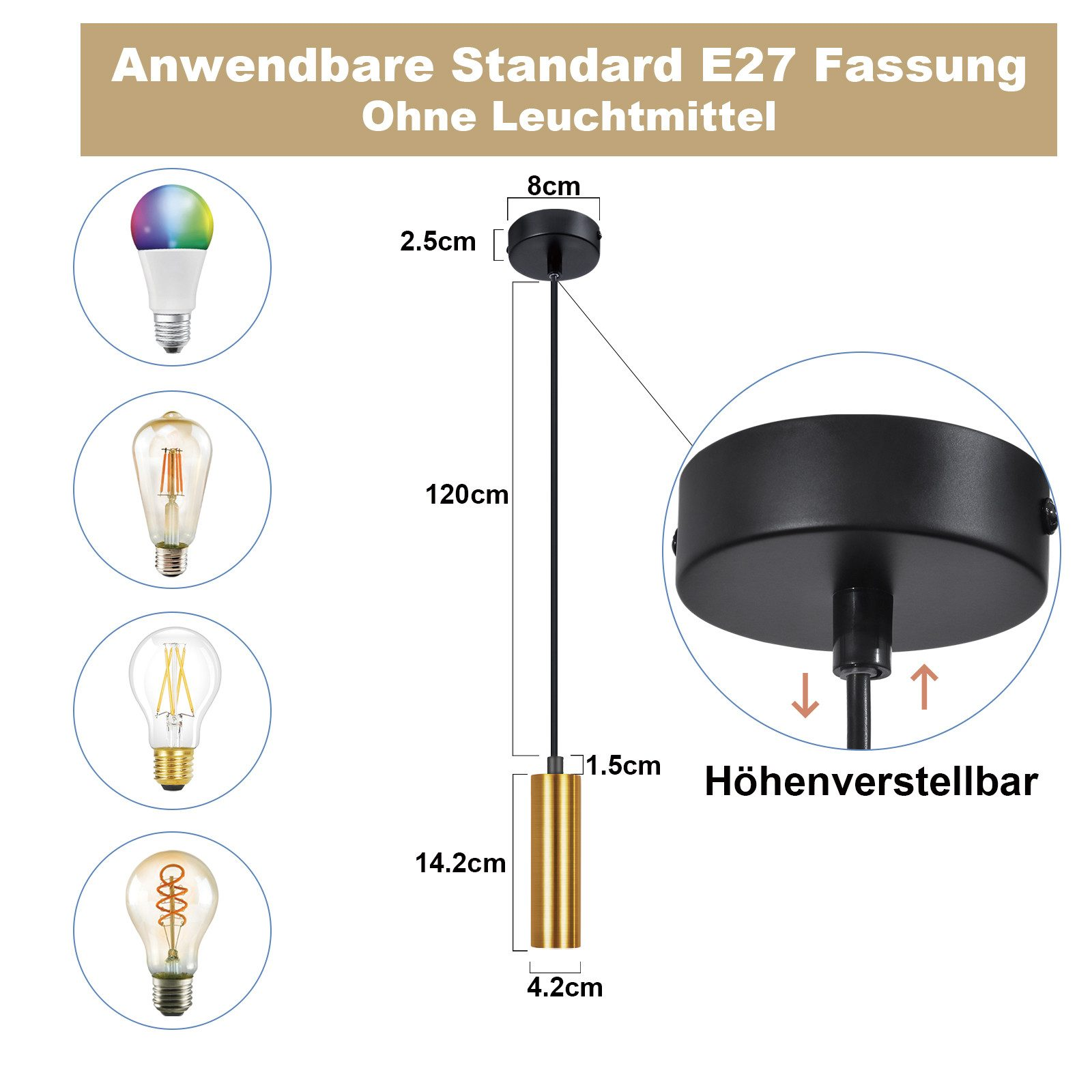 Schemat lampy wiszącej z wymiarami, pokazujący kilka typów żarówek, wszystko na białym tle.