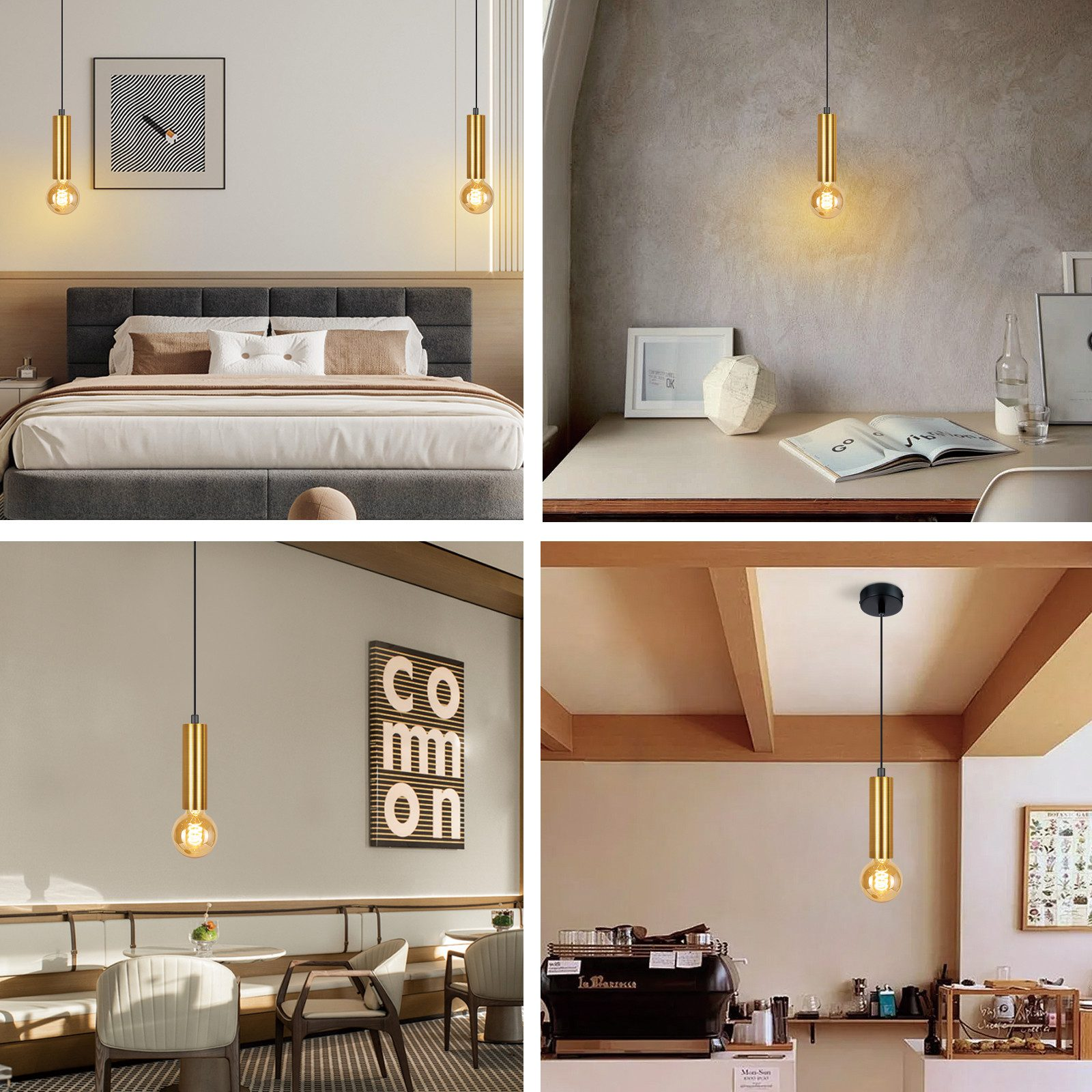 Cztery zdjęcia lamp wiszących w różnych ustawieniach: sypialnia, biurko, kawiarnia i kolejna kawiarnia.