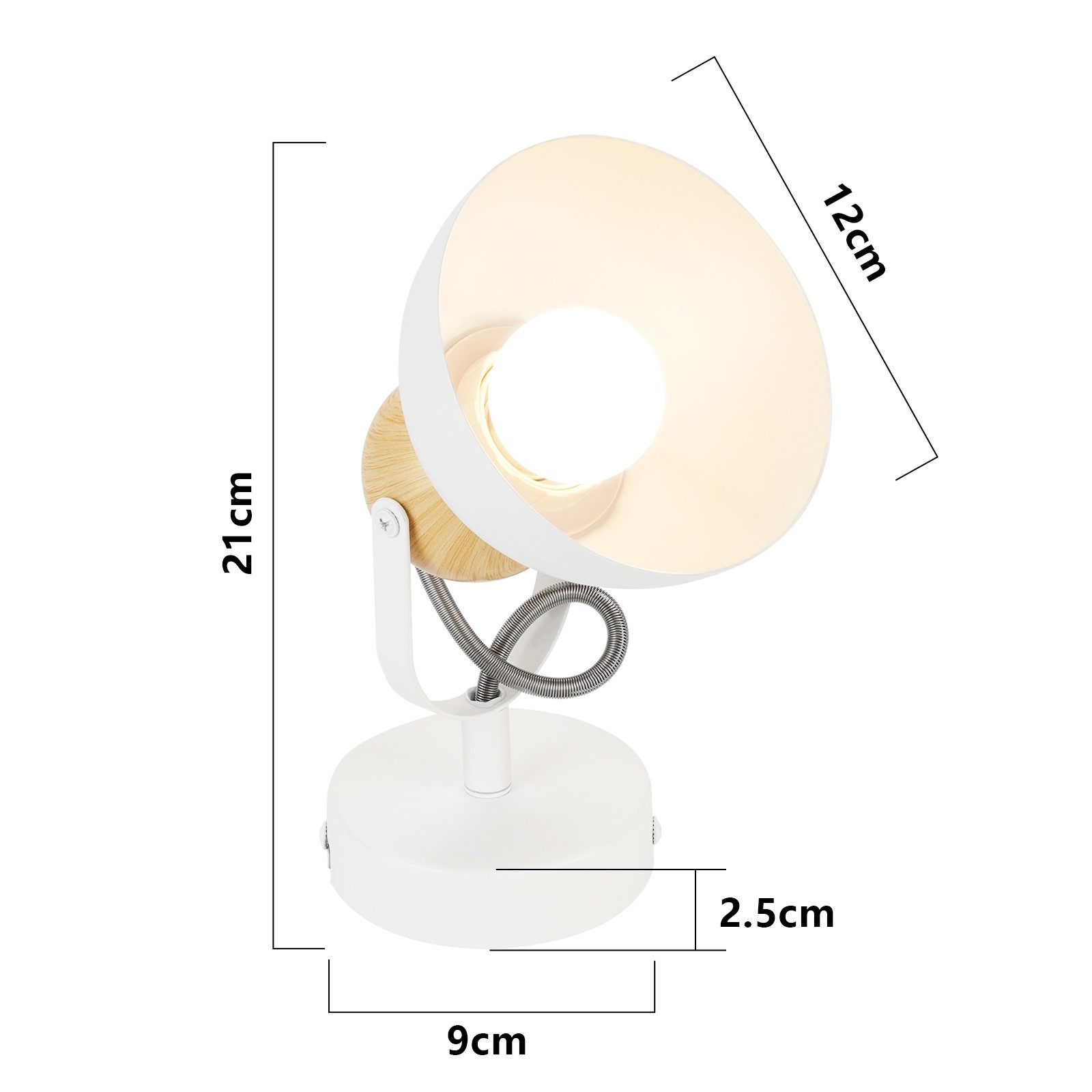 Biała lampa biurkowa z drewnianym akcentem. Zaokrąglony kształt z jasnym światłem. Wymiary są pokazane.