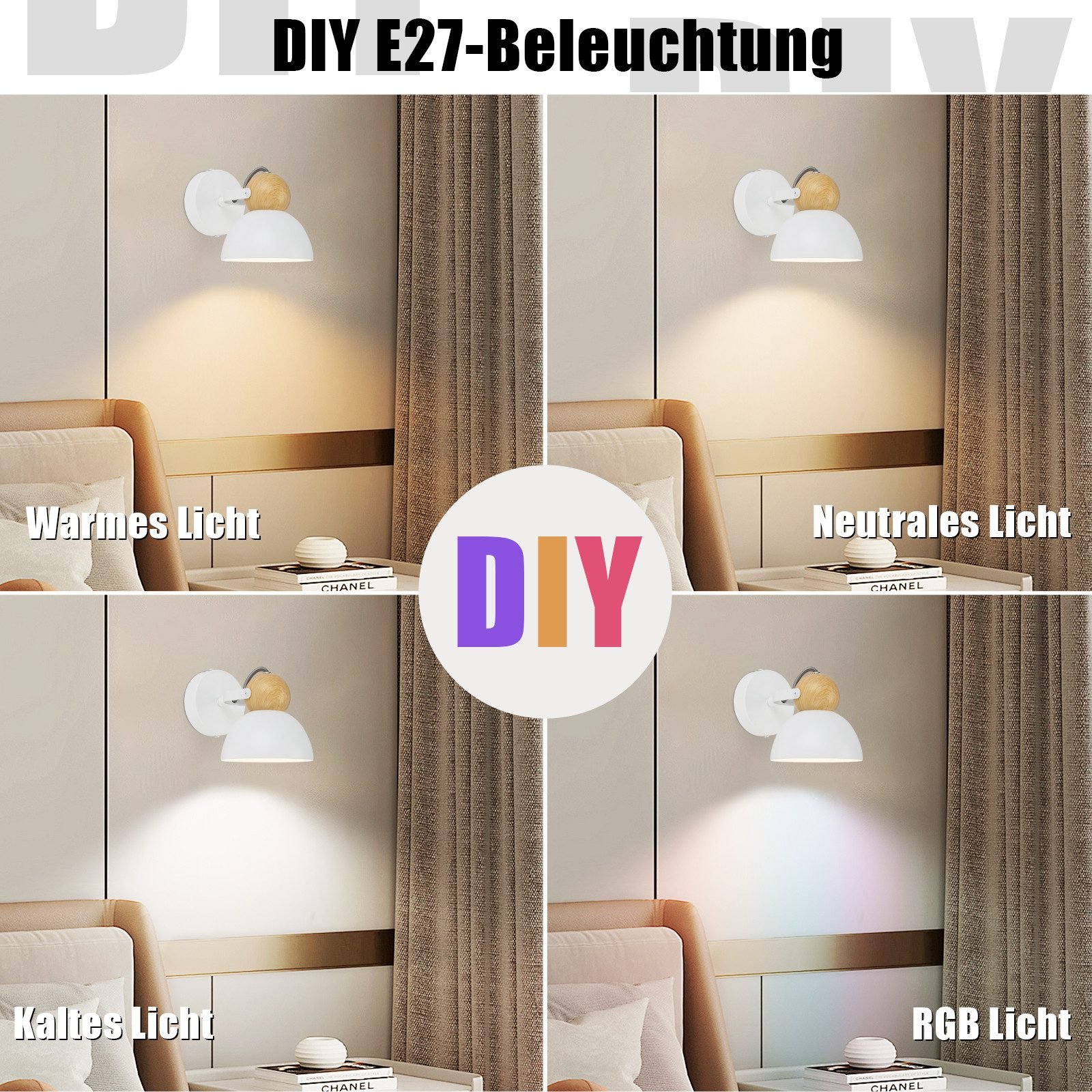 Cztery obrazy lamp ściennych z różnymi ustawieniami światła: ciepłe, neutralne, zimne i RGB. Tekst DIY E27.