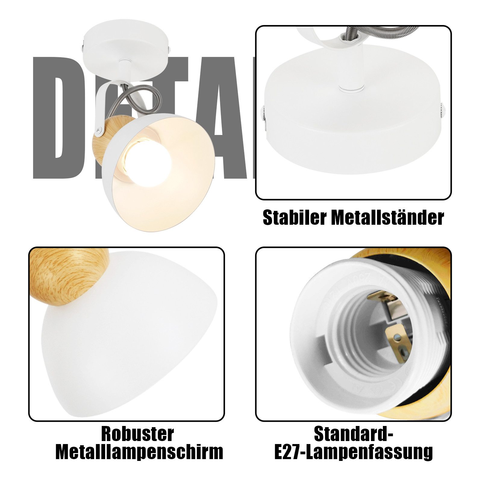 Szczegółowe ujęcia oprawy oświetleniowej z elementami drewna i bieli.