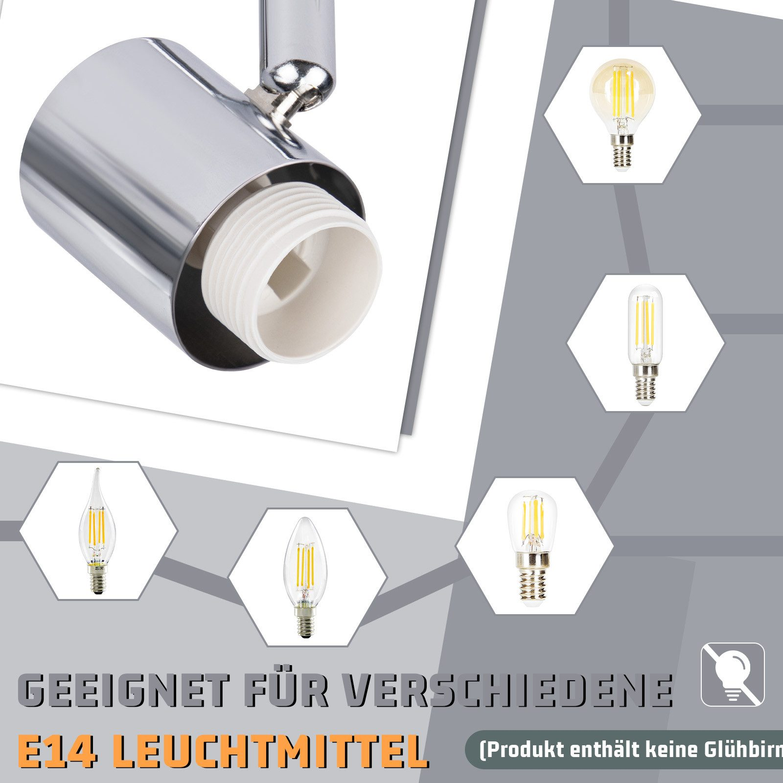 Un apparecchio di illuminazione cromato con attacco bianco e varie lampadine E14. Testo in italiano.