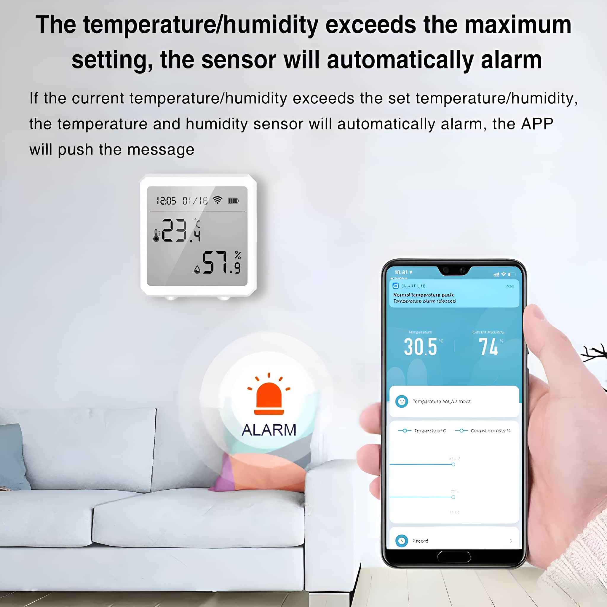 Smartphone mit App, die Temperatur- und Feuchtigkeitswerte, ein Alarmsymbol und Textanweisungen anzeigt.