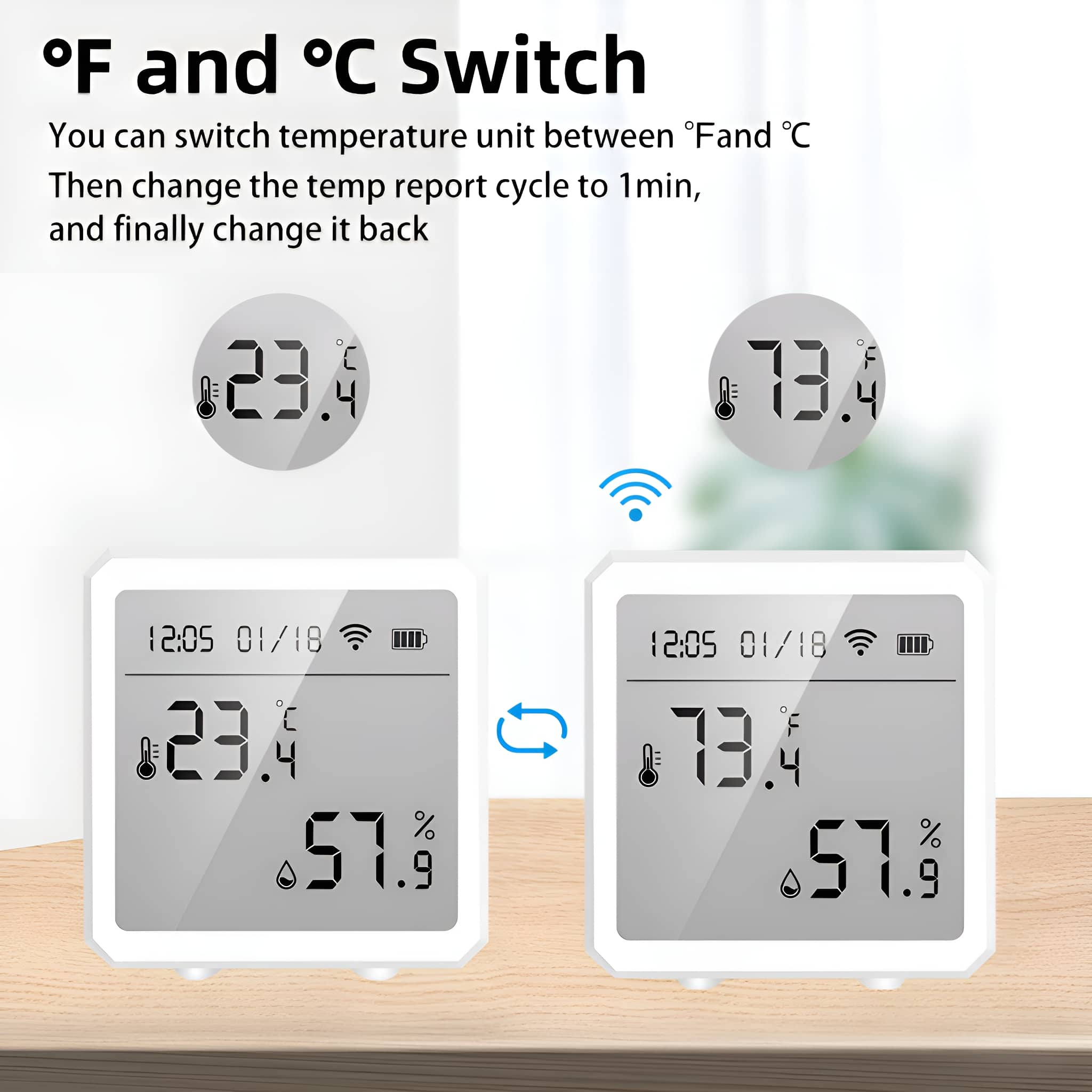 Zwei Digitalanzeigen, die Temperatur in Celsius und Fahrenheit anzeigen.