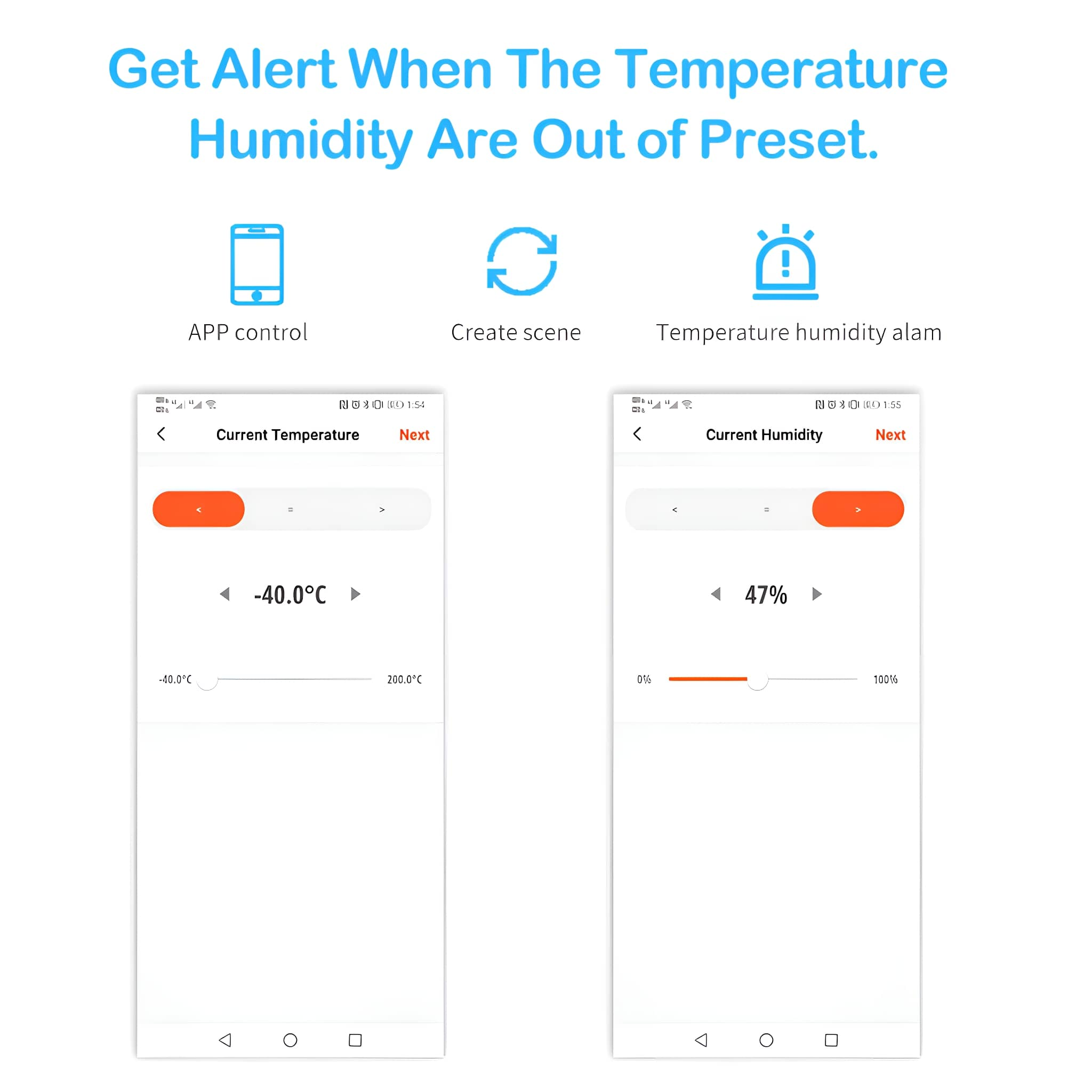 Zwei Smartphone-Bildschirme, die die Temperatur- und Feuchtigkeitswerte anzeigen. App-Steuerung und Szenenerstellungs-Symbole vorhanden.