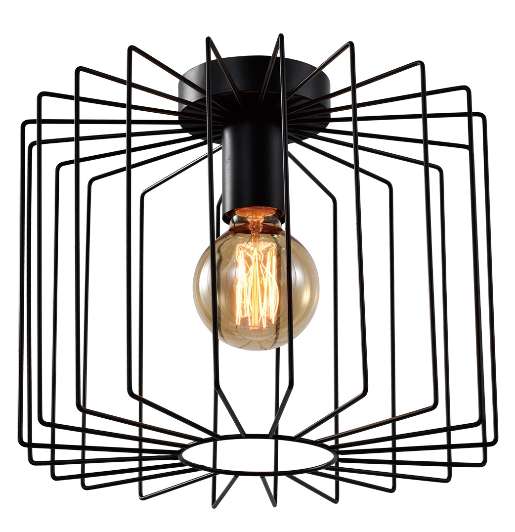 Lampada a gabbia geometrica nera con una lampadina. La luce brilla.