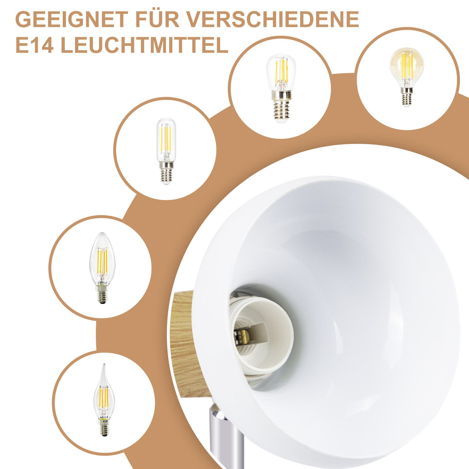 Lampada bianca con varie lampadine E14. Le lampadine includono forme a candela, fiamma e rotonde.