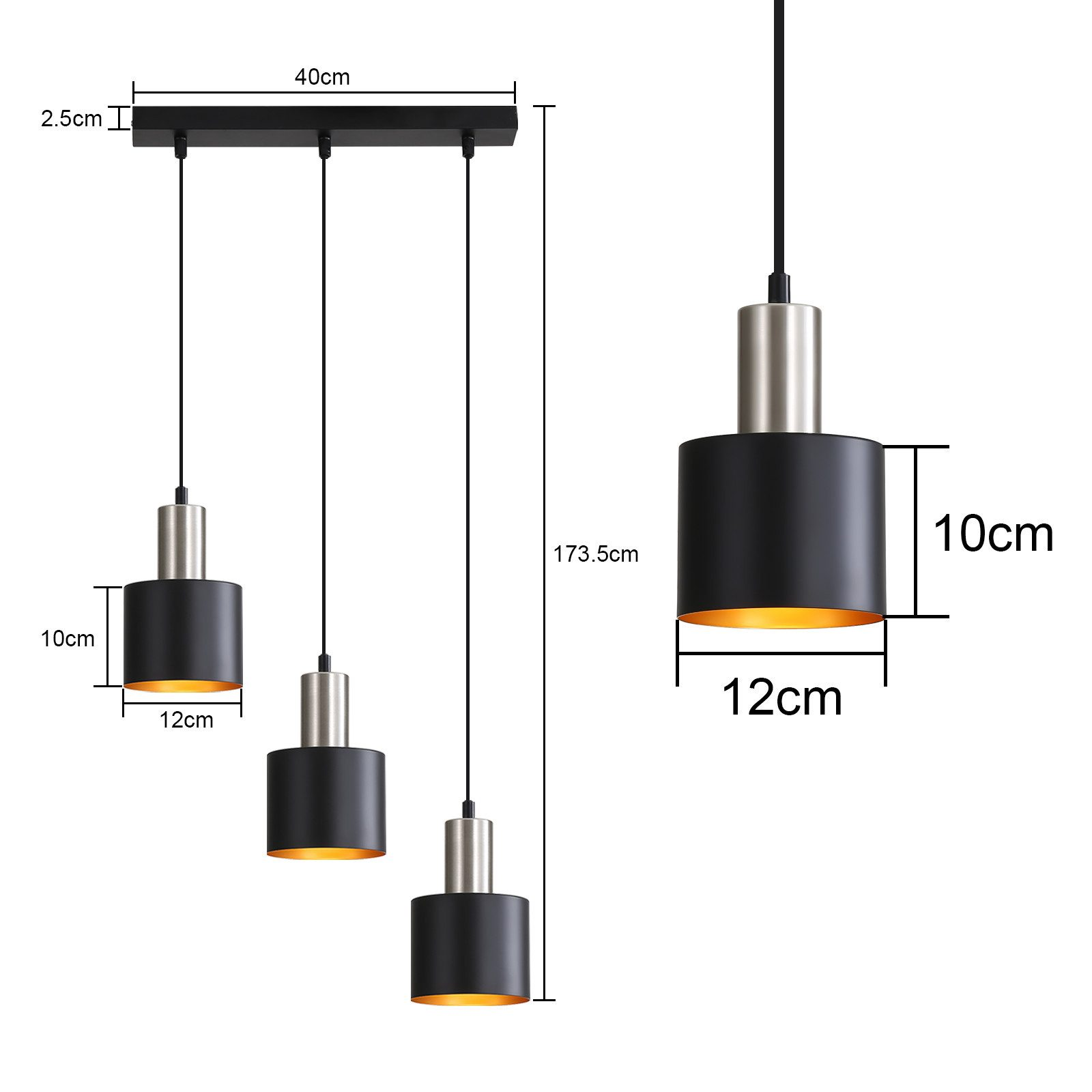 Tre lampade a sospensione nere con accenti argentati e interno dorato, con dettagli dimensionali nell'immagine.