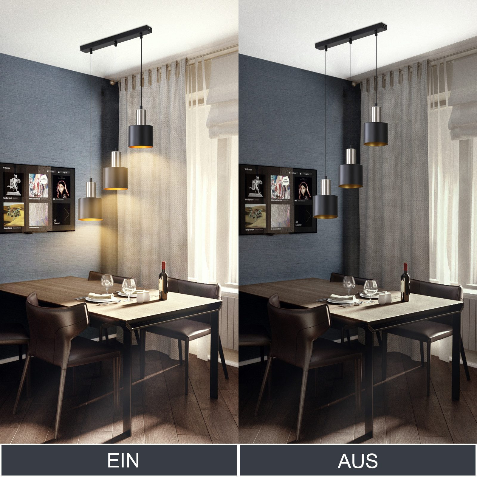 Due foto che mostrano una sala da pranzo con lampade a sospensione. Una con le luci accese e una con le luci spente.