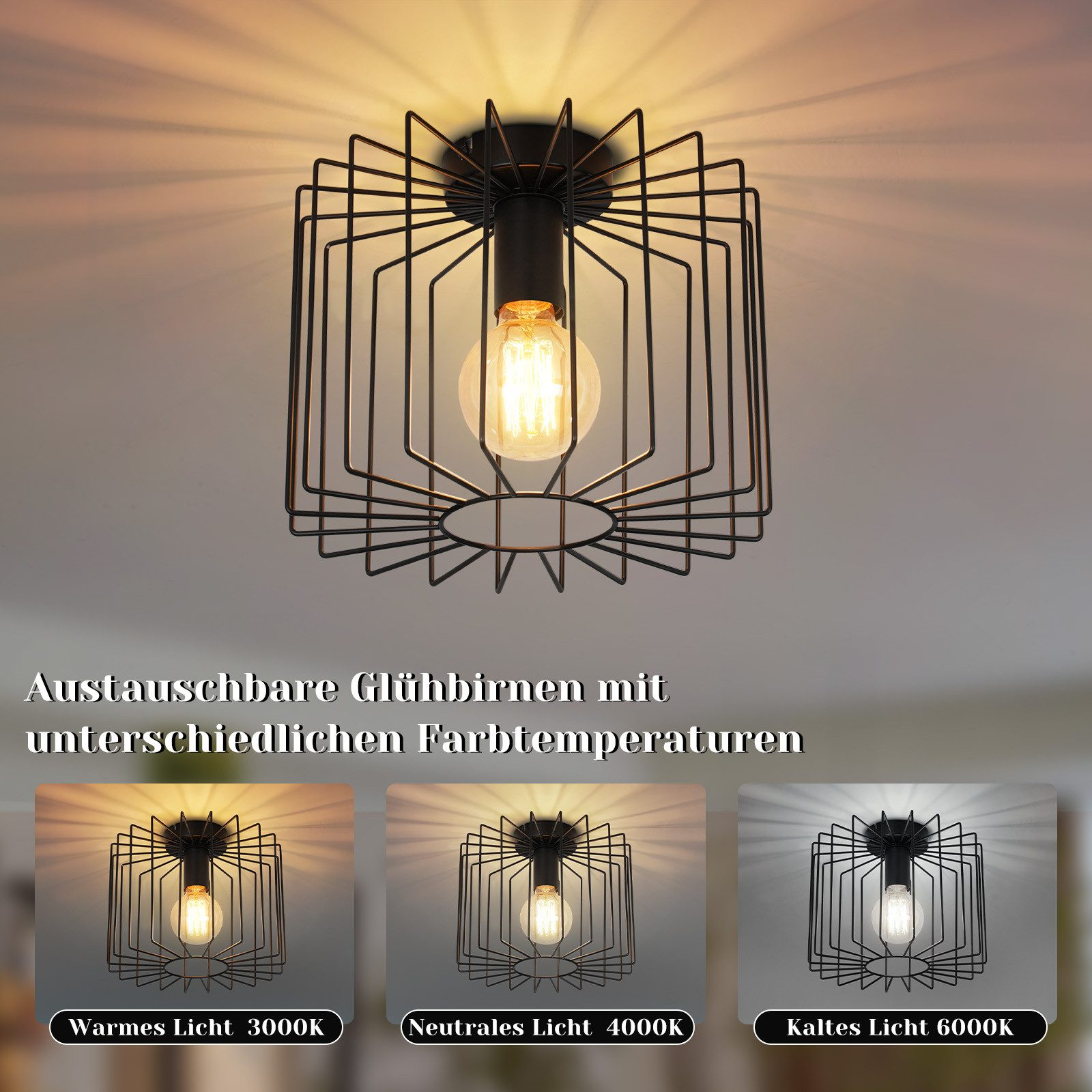 Un apparecchio di illuminazione nero a motivi geometrici con tre diverse opzioni di lampadine.