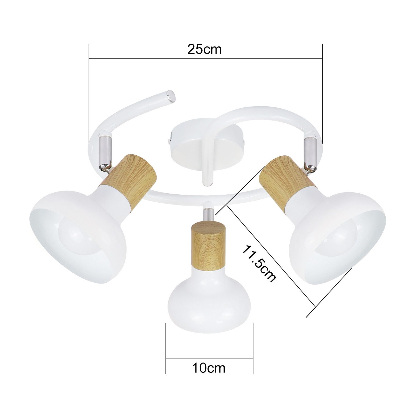 Lampada da soffitto con tre lampade bianche sferiche e dettagli in legno.