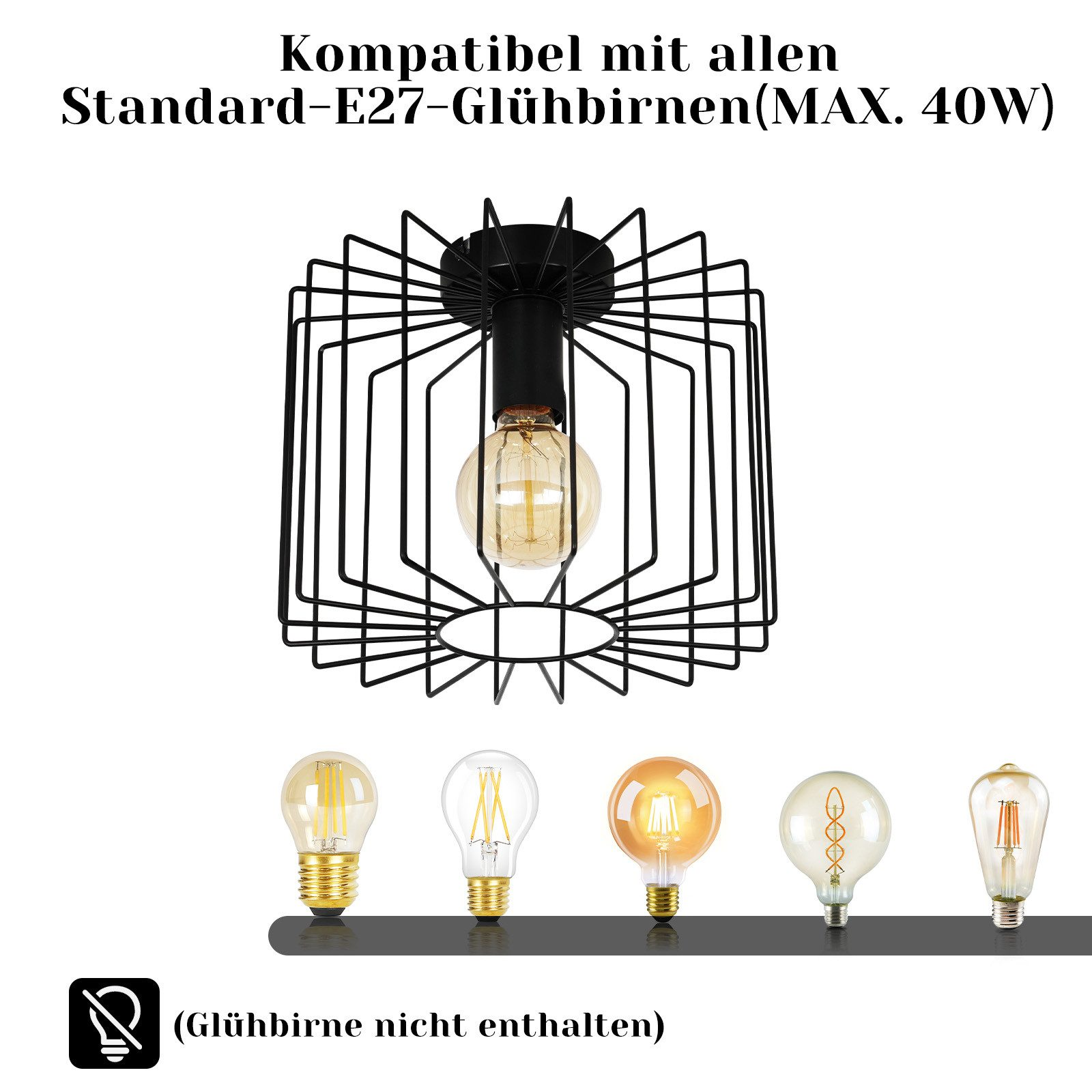 Lampada nera a gabbia metallica con lampadina. Esempi di lampadine in basso.