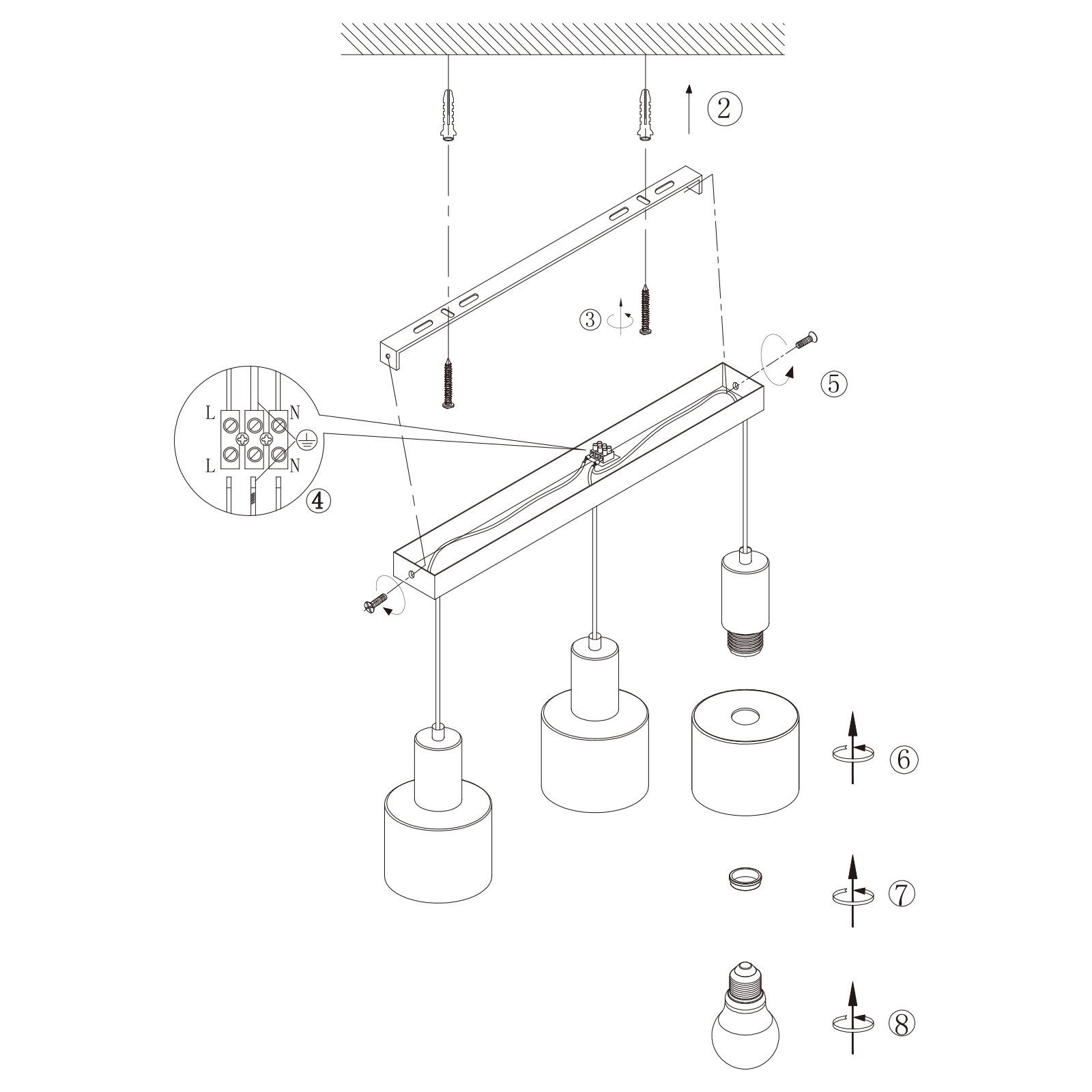 Schema di installazione di una lampada da soffitto con viti e collegamenti elettrici. Componenti numerati.