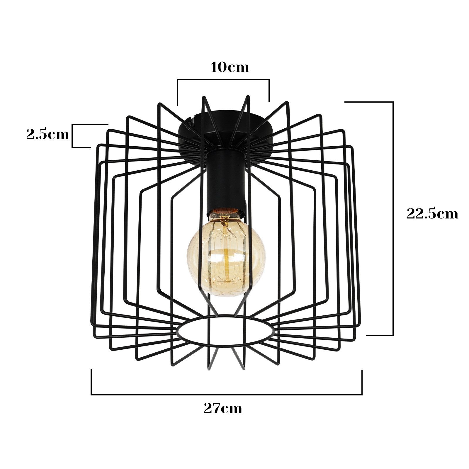 Un apparecchio di illuminazione nero, a forma geometrica, con una lampadina. Sono fornite le dimensioni di altezza e larghezza.