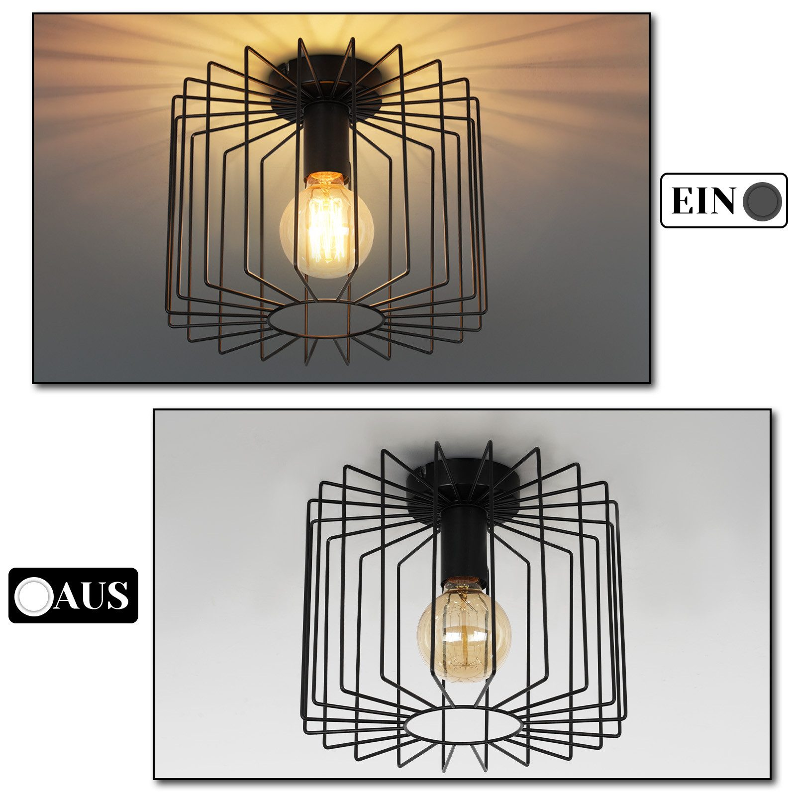 Due immagini di un apparecchio di illuminazione; una accesa e una spenta, che mostrano una gabbia quadrata.