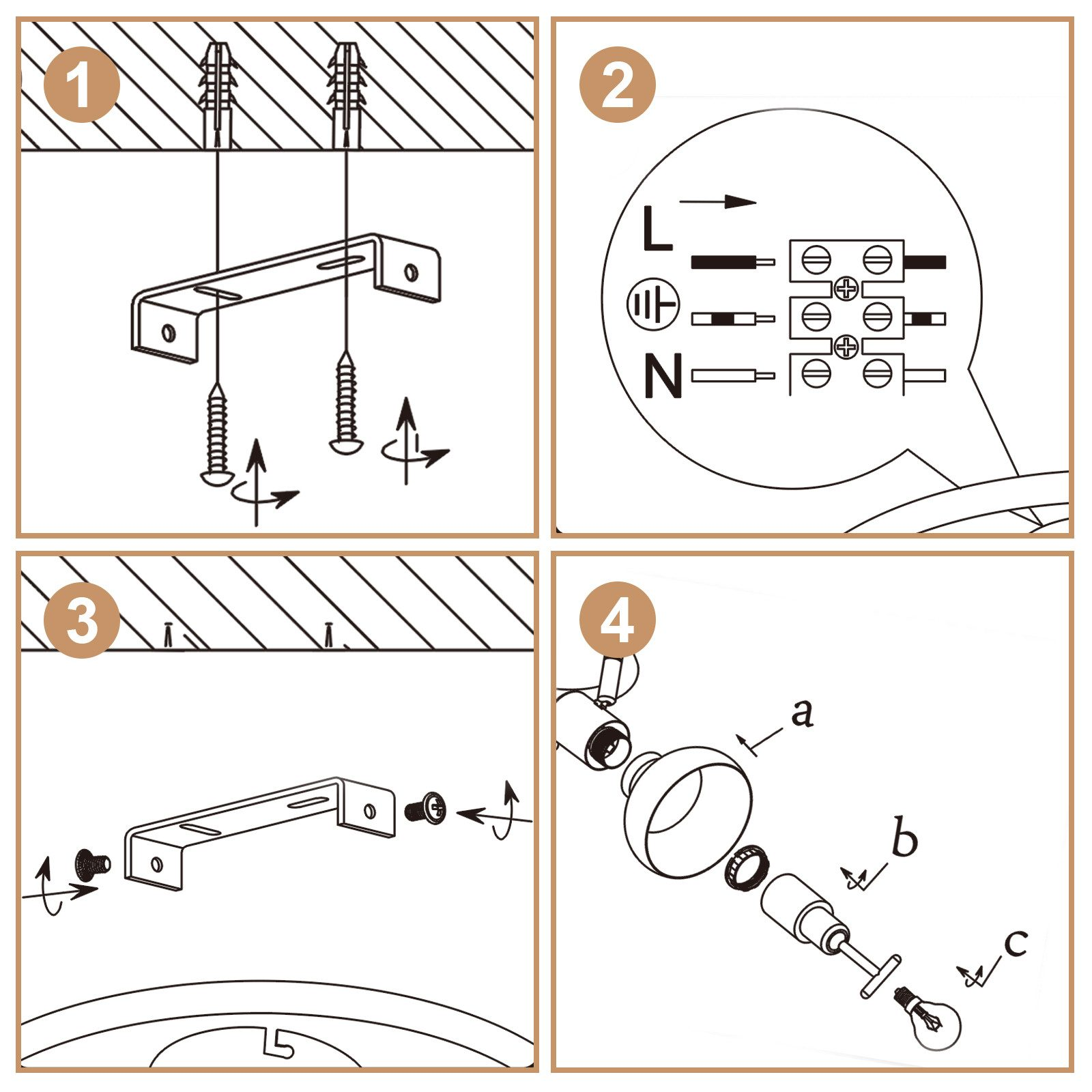 Diagramma che mostra i passaggi per installare un lampada da soffitto, cablaggio e montaggio inclusi.