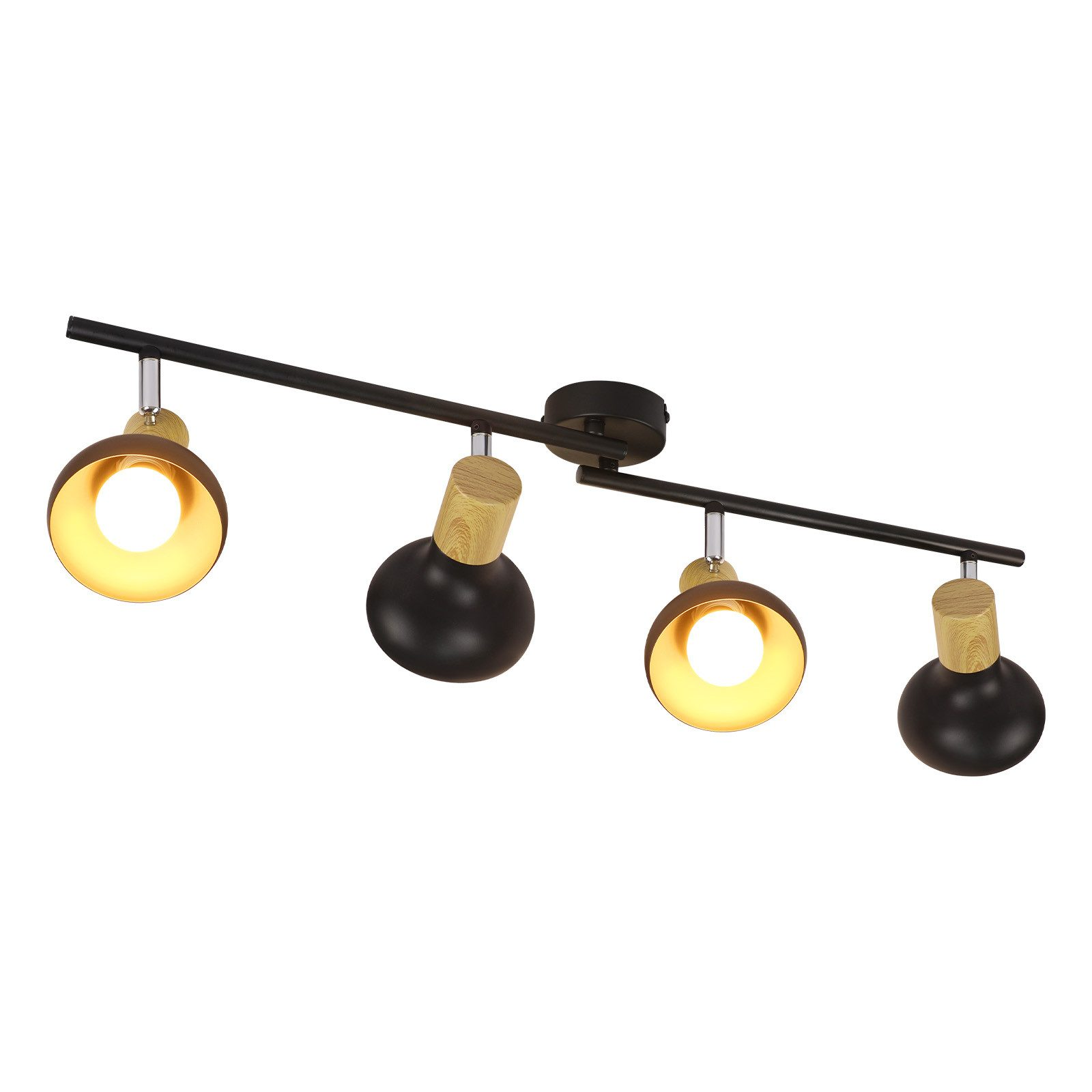 Un apparecchio di illuminazione a binario nero e color legno con quattro faretti su sfondo bianco.