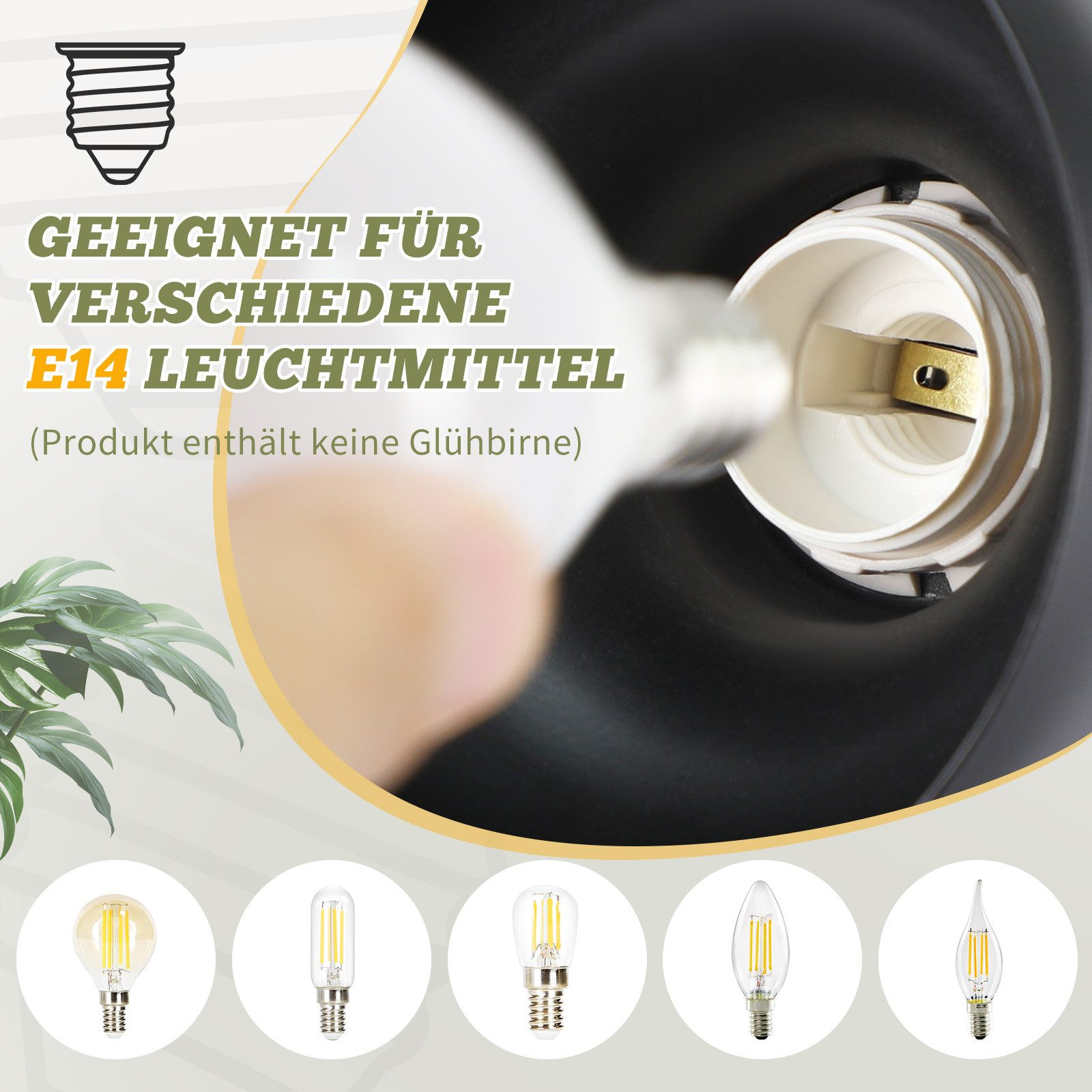 Attacco lampadina E14 con testo. Mostra esempi di lampadine E14: candela, lampadina piccola.