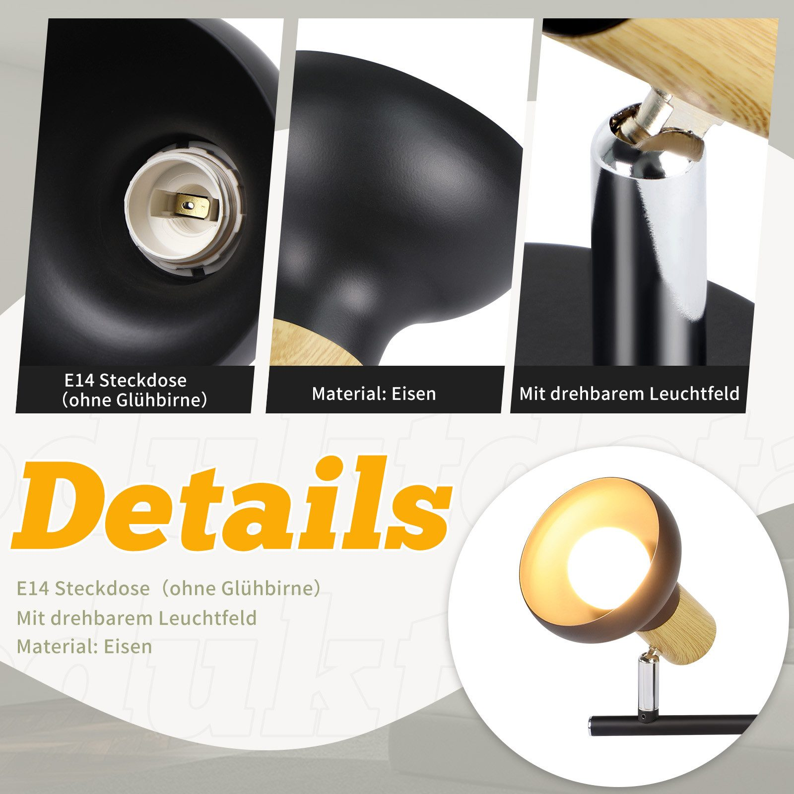 Primi piani di una lampada nera e in legno. I dettagli includono una presa E14, materiale in ferro e campo luminoso regolabile.