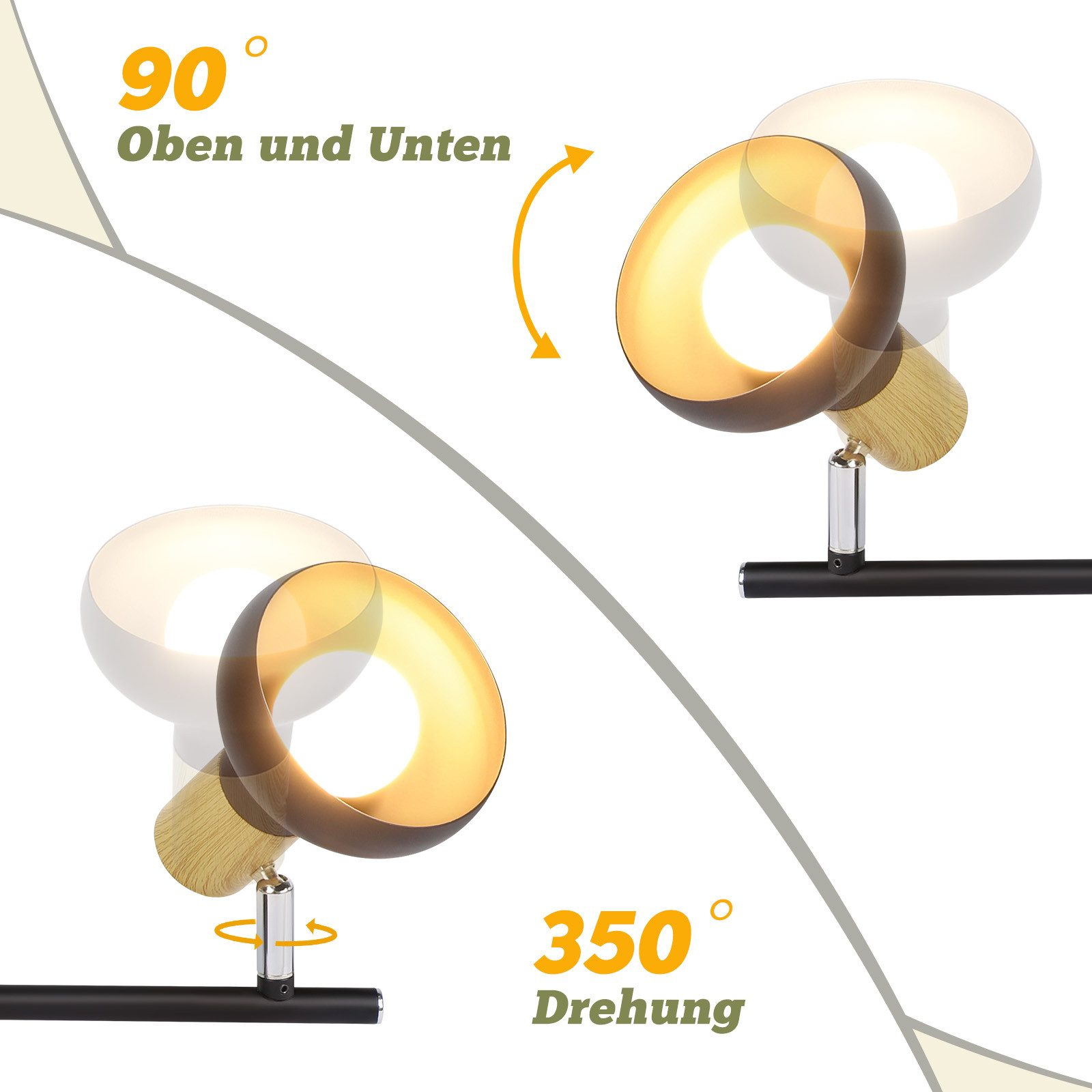 Una lampada con rotazione di 350 gradi e 90 gradi su e giù. La lampada è nera, bianca e dorata.