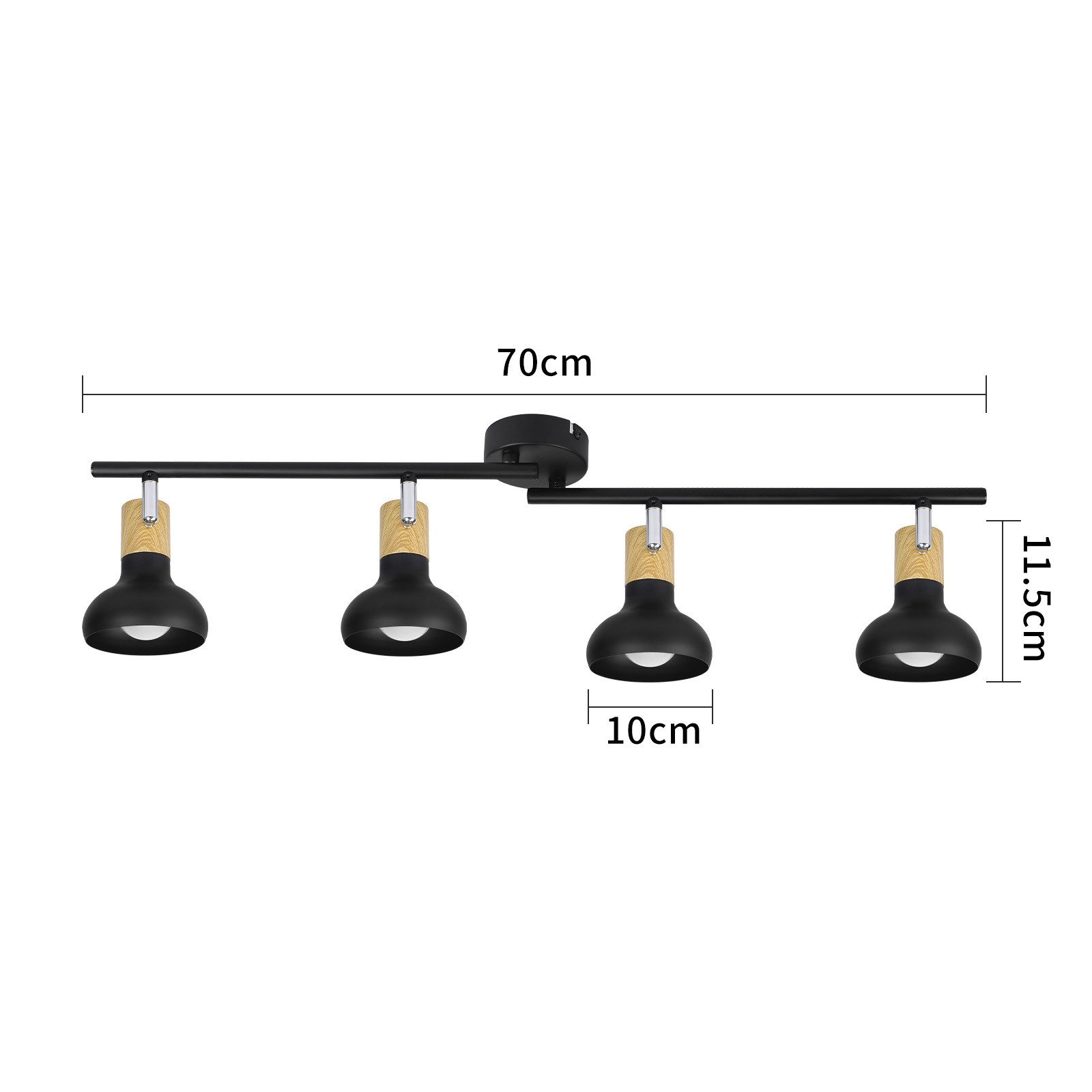 Una lampada nera con quattro luci e accenti in legno. Le dimensioni sono etichettate. Lo sfondo è bianco.