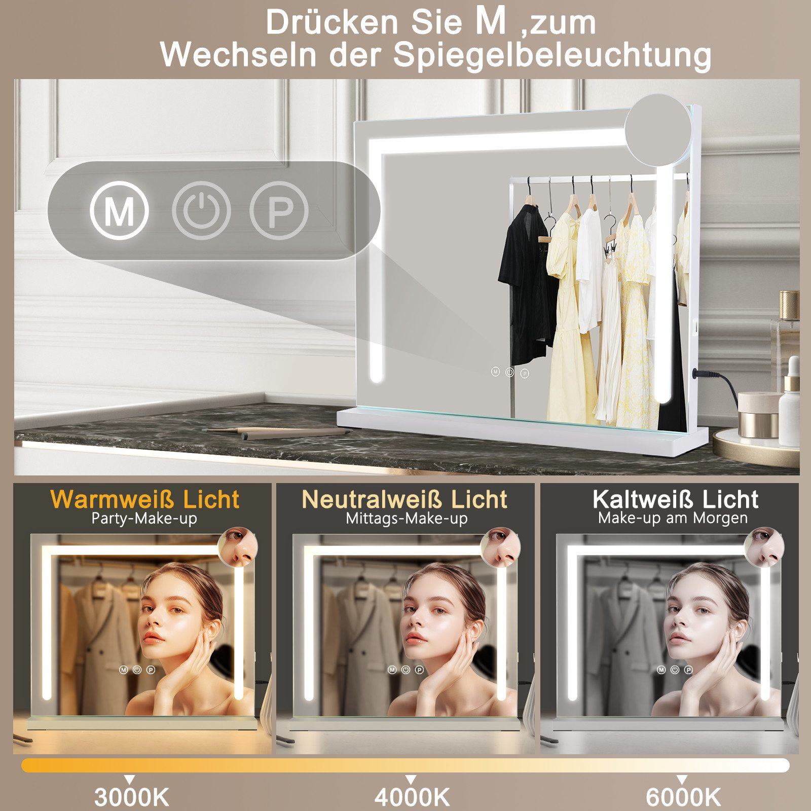Ein weißer beleuchteter Spiegel mit Touch-Bedienelementen. Make-up-Beispiele unten mit verschiedenen Lichteinstellungen.