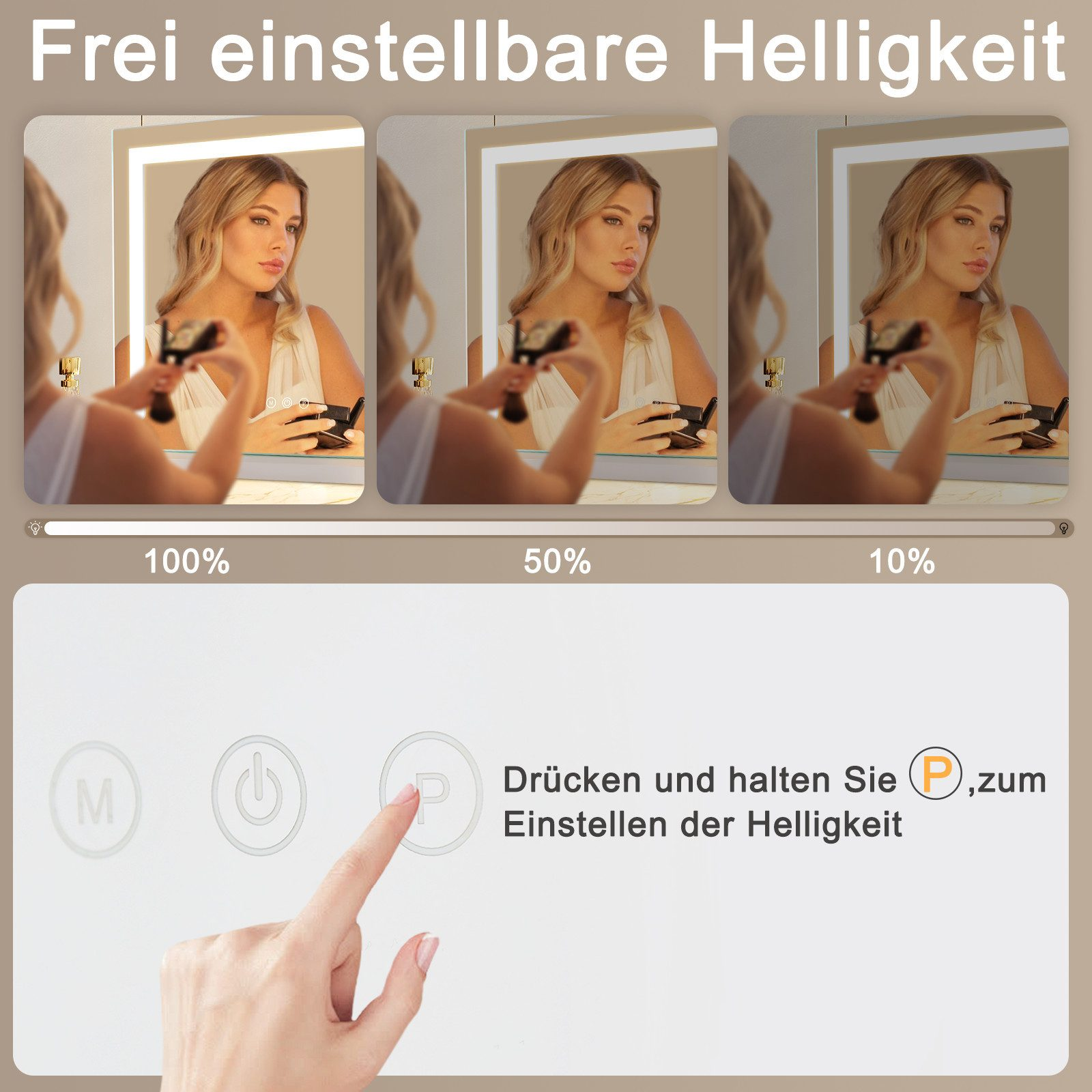 Drei Spiegel, die eine Frau beim Schminken zeigen, mit einstellbaren Helligkeitseinstellungen.