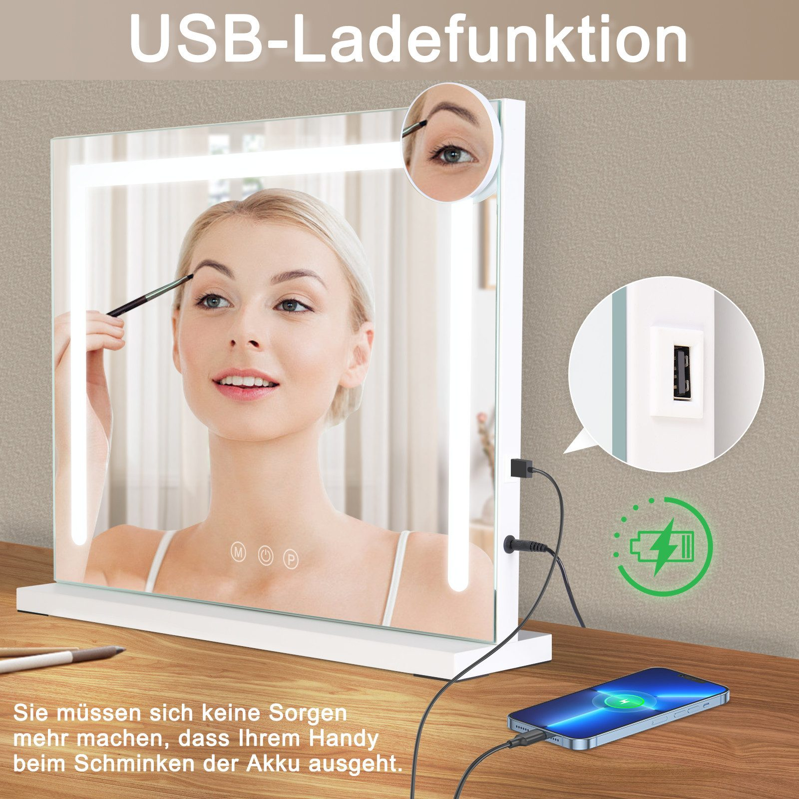 Eine Frau schminkt sich vor einem Spiegel mit USB-Ladefunktion.