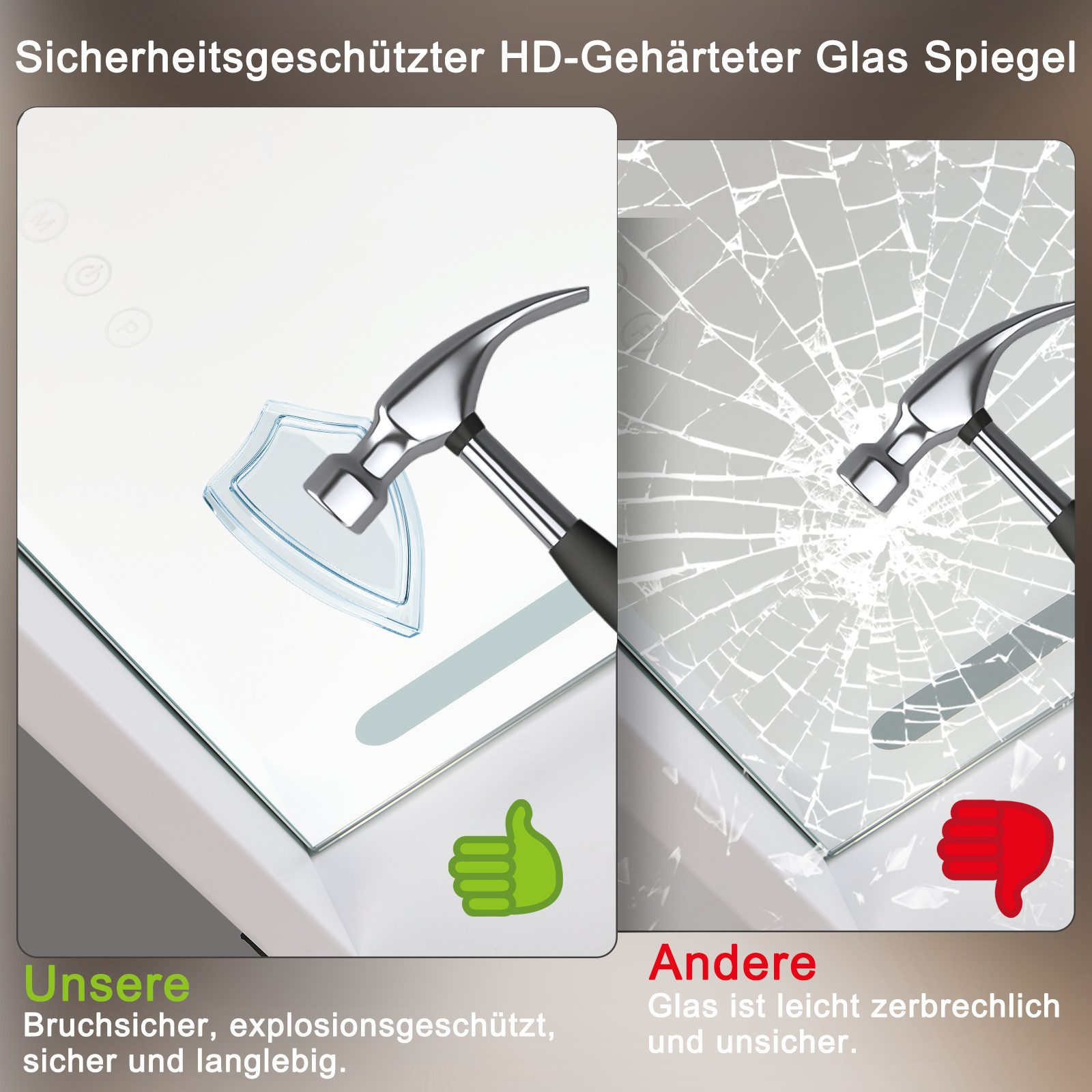 Ein Spiegel, der von einem Hammer getroffen wird. Zeigt sicheres und unsicheres Glas.