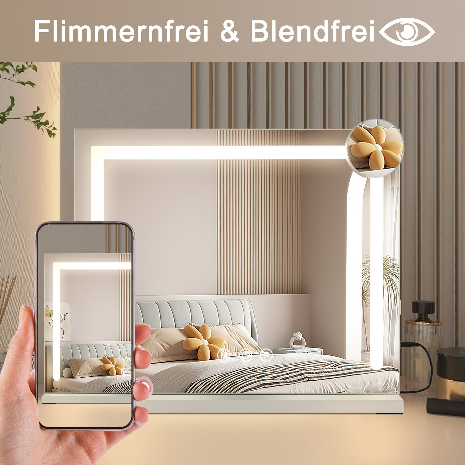 Schlafzimmer mit beleuchtetem Spiegel, Bett und Telefon. Eine Hand hält das Telefon.