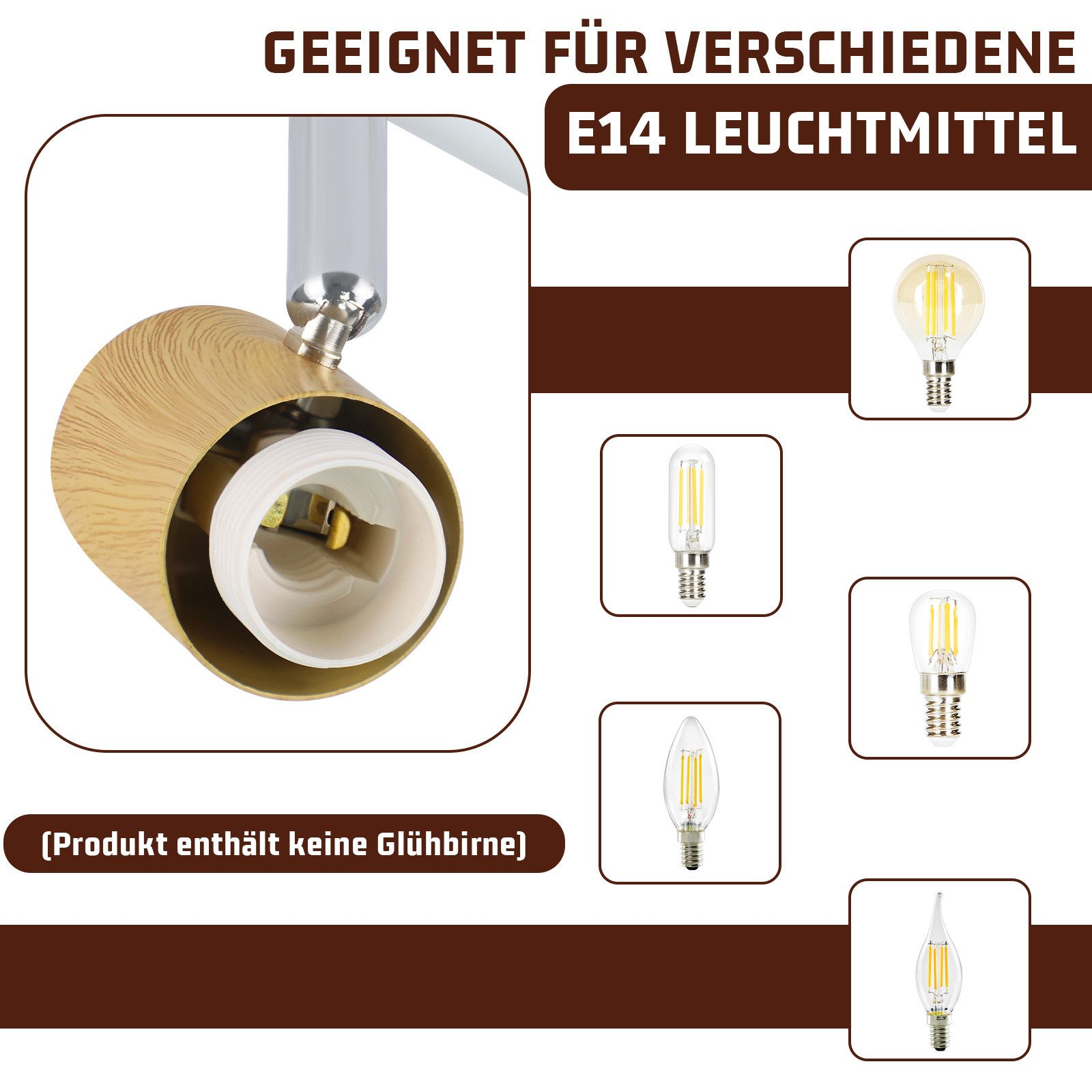 Un portalampada con diversi tipi di lampadine mostrate. Il testo è in tedesco.
