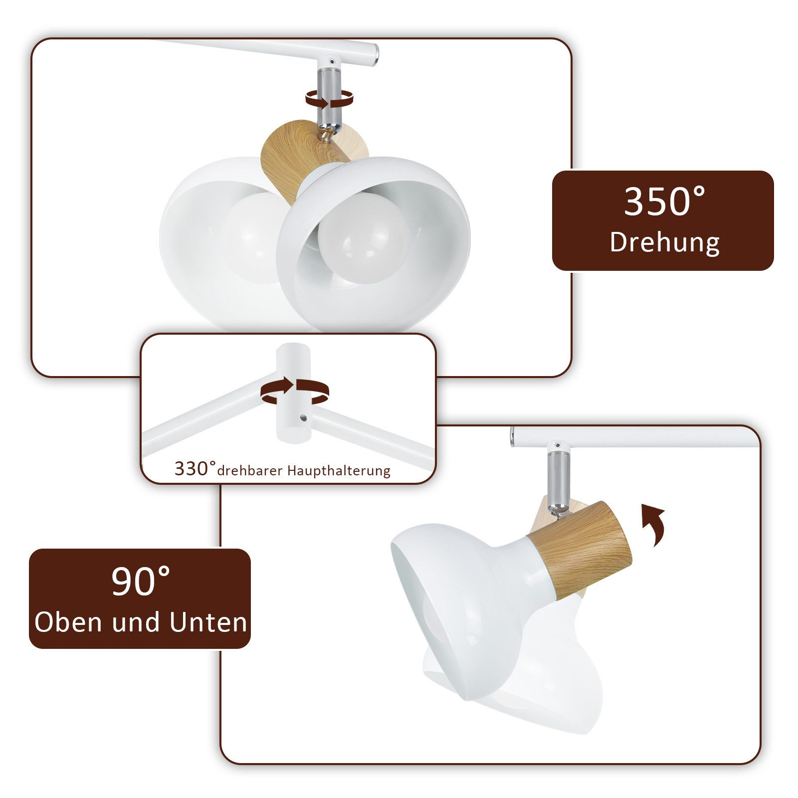 Lampade bianche con dettagli in legno, che mostrano le funzioni di rotazione. I diagrammi mostrano 350 e 90 gradi.