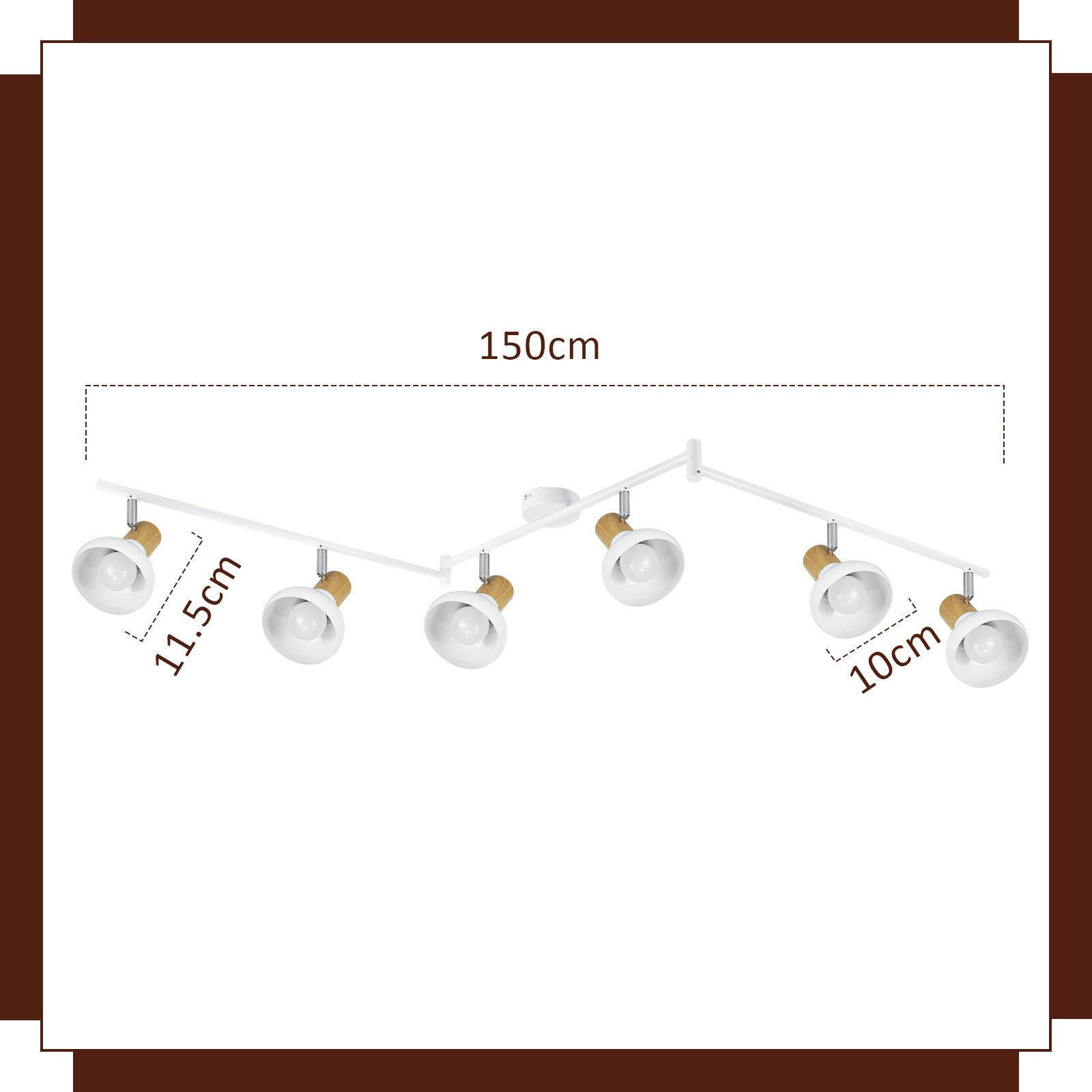 Un sistema di illuminazione a binario bianco con sei luci, dimensioni etichettate e bordo marrone.