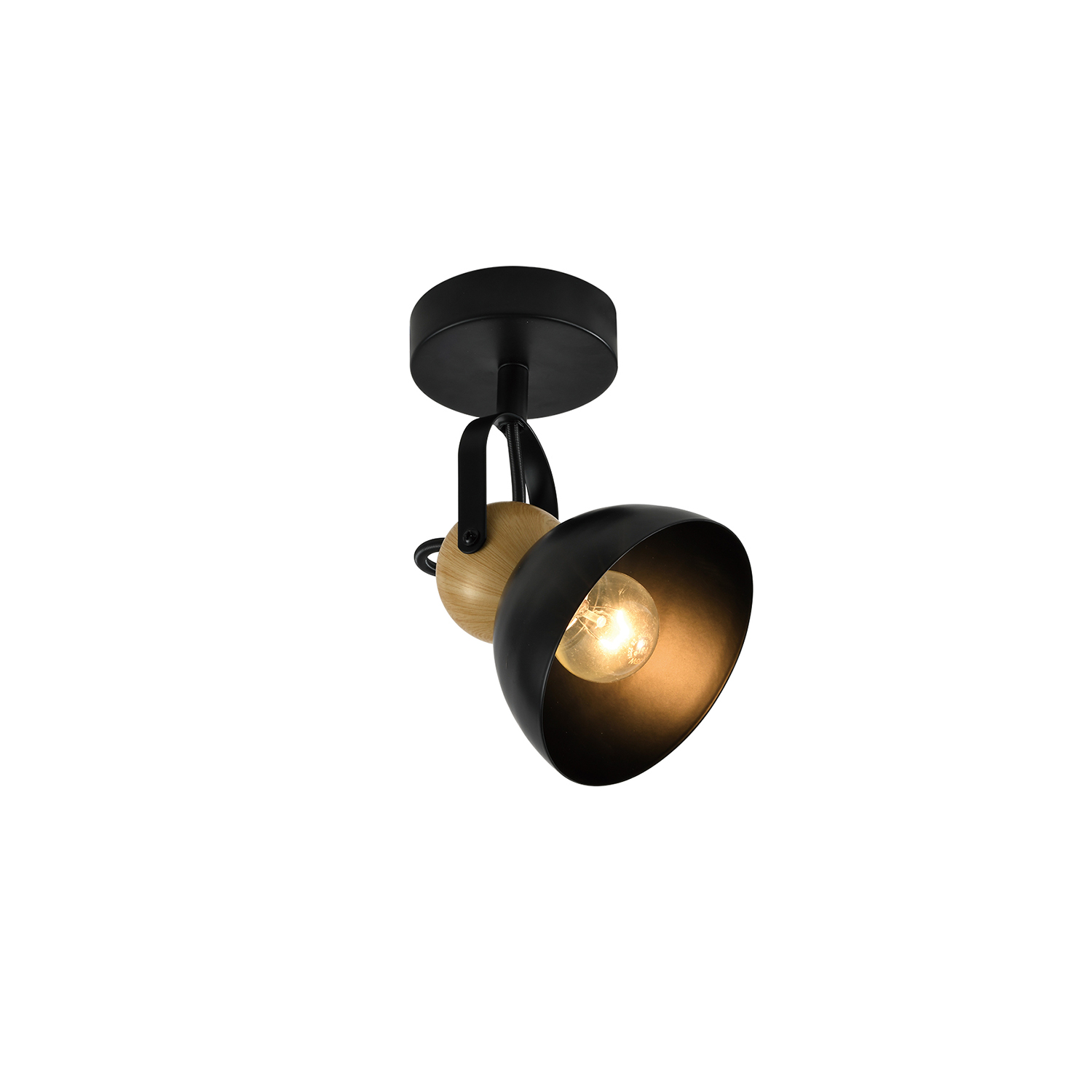 Faretto nero e in legno con una lampadina, montato su sfondo bianco.
